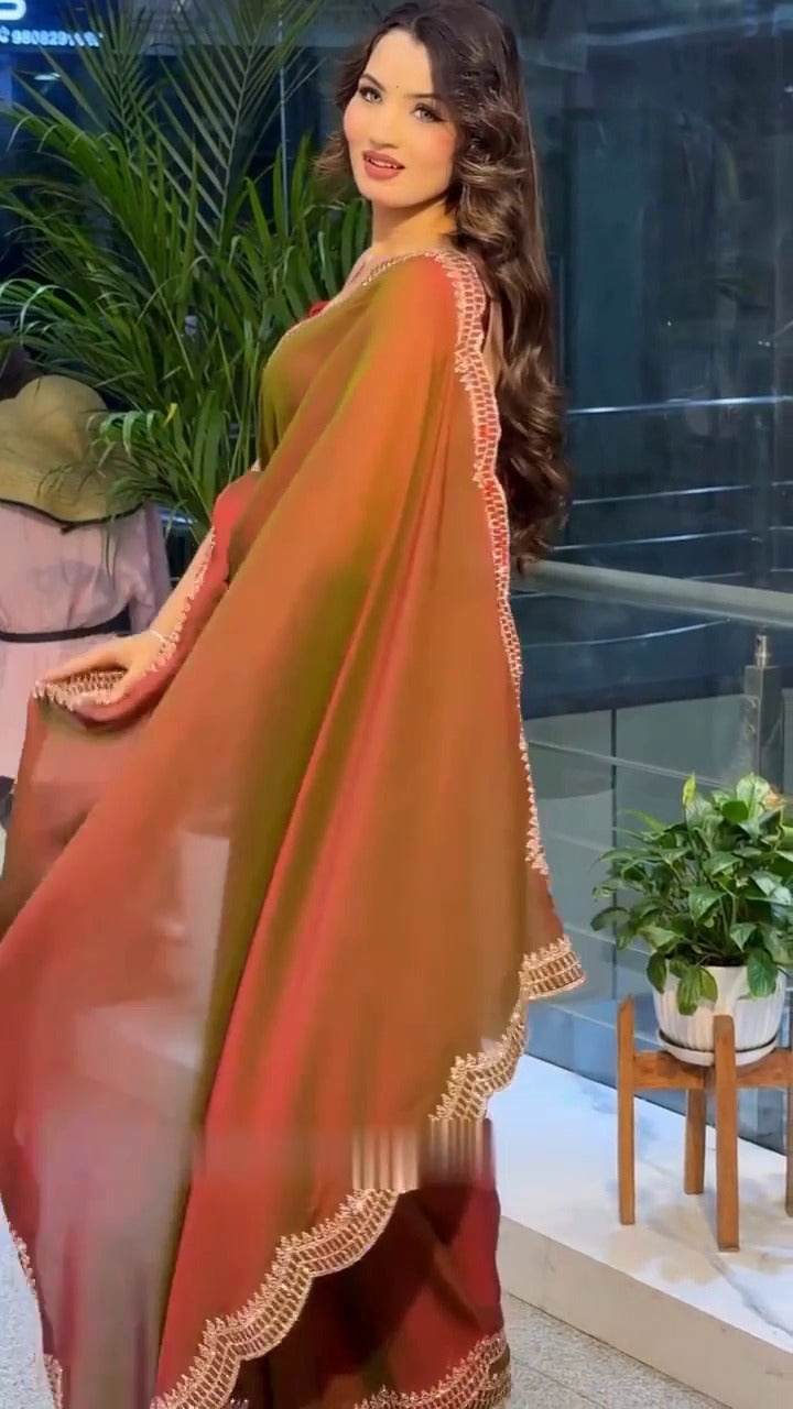 Elegant Moss Fabric Saree with Swarovski Diamond Work