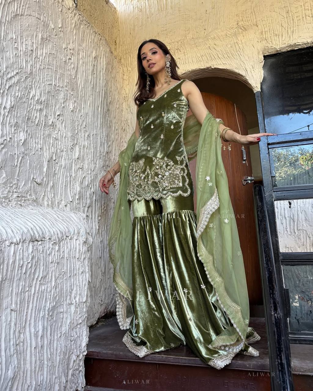 New Arrival Premium Velvet Sharara Suit with Hand Moti & Sequence Work Dupatta