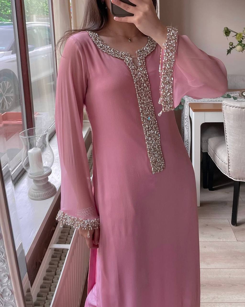 Designer Faux Georgette Suit with Real Moti Handwork