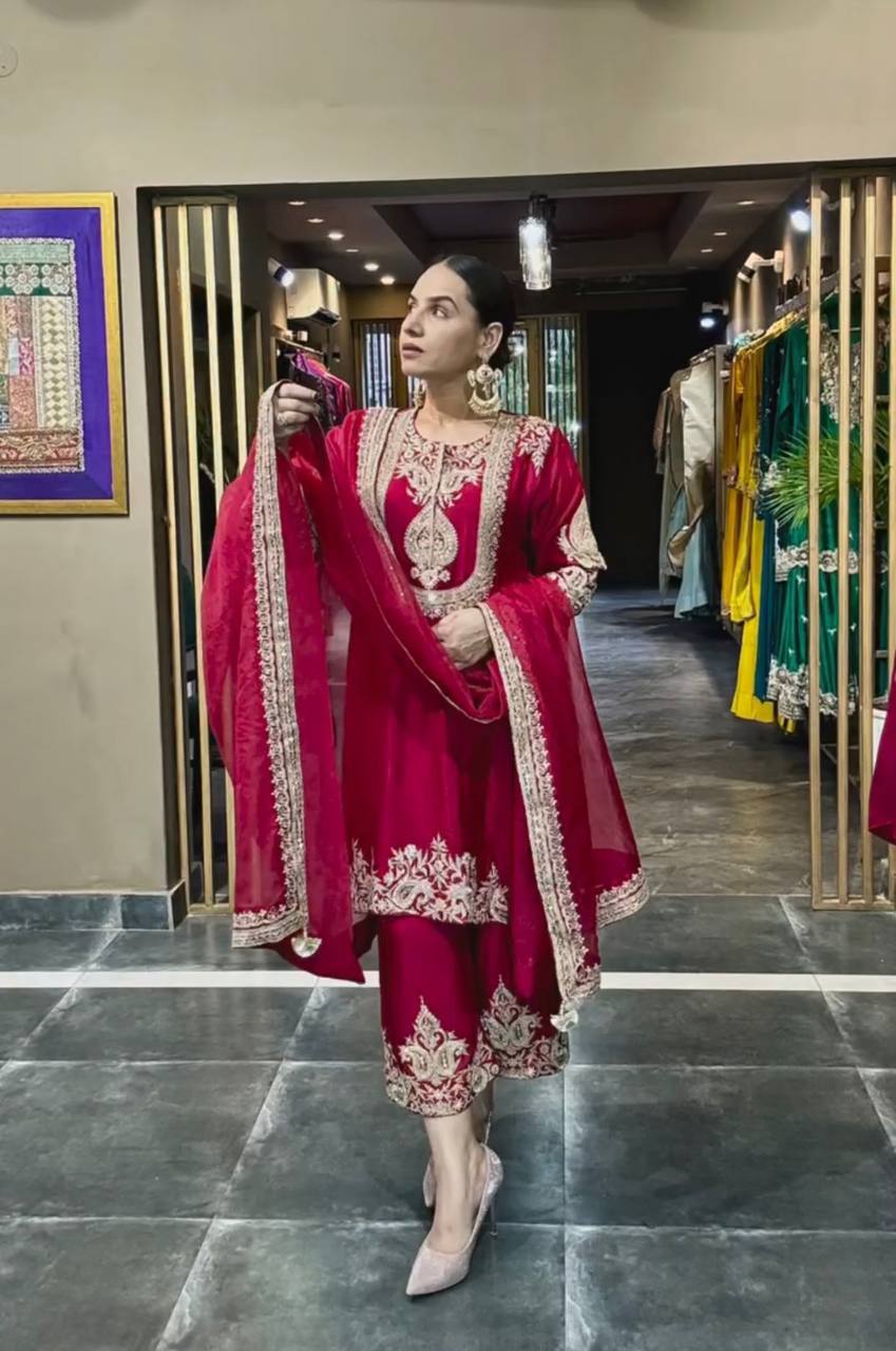 New Arrival – Heavy Embroidered Chinnon Silk Set