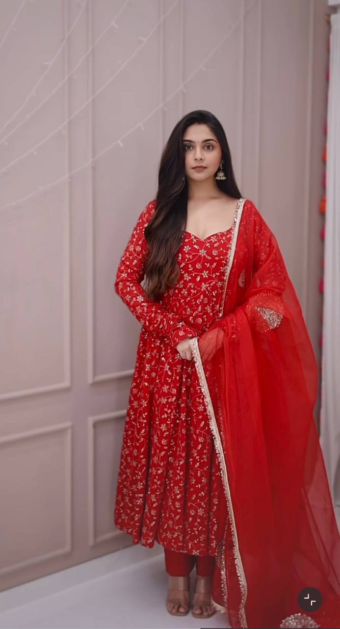 Stunning Red Colour Premium Anarkali Suit Set