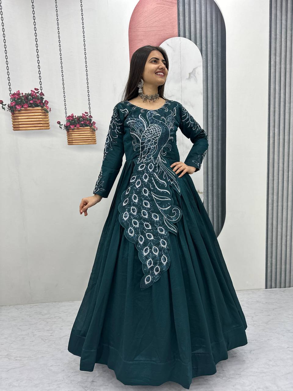 slim fit dress slacks Embroidered Anarkali Gown for Women – Peacock Motif Ethnic Party Wear –  Avishkar Culture