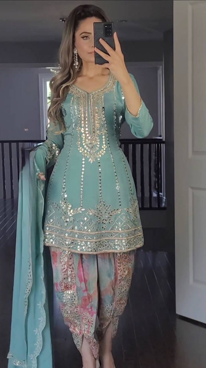 Designer Party Wear Top with Dhoti Salwar & Dupatta (NF-1138)