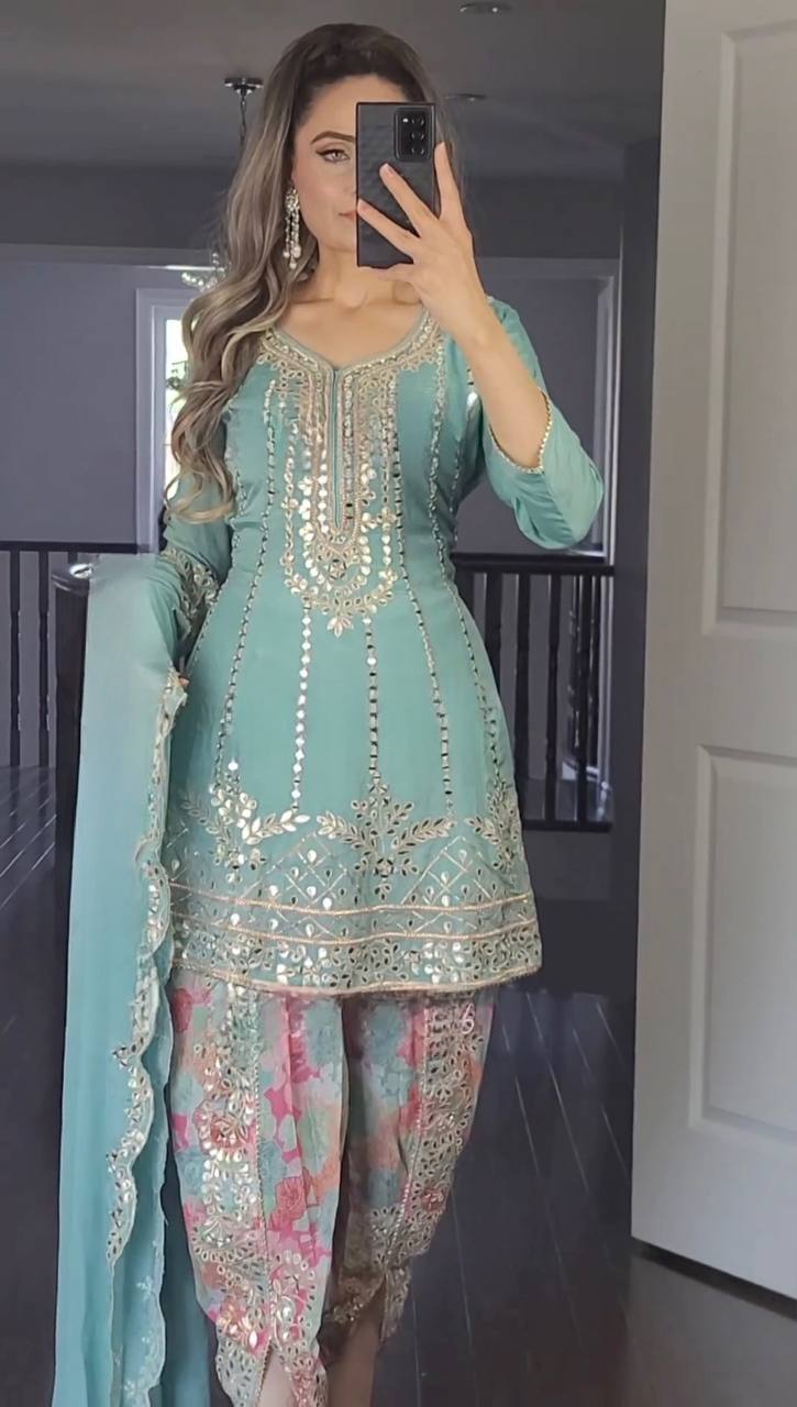Designer Party Wear Top with Dhoti Salwar & Dupatta (NF-1138)