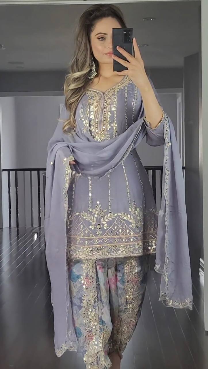 Designer Party Wear Top with Dhoti Salwar & Dupatta (NF-1138)