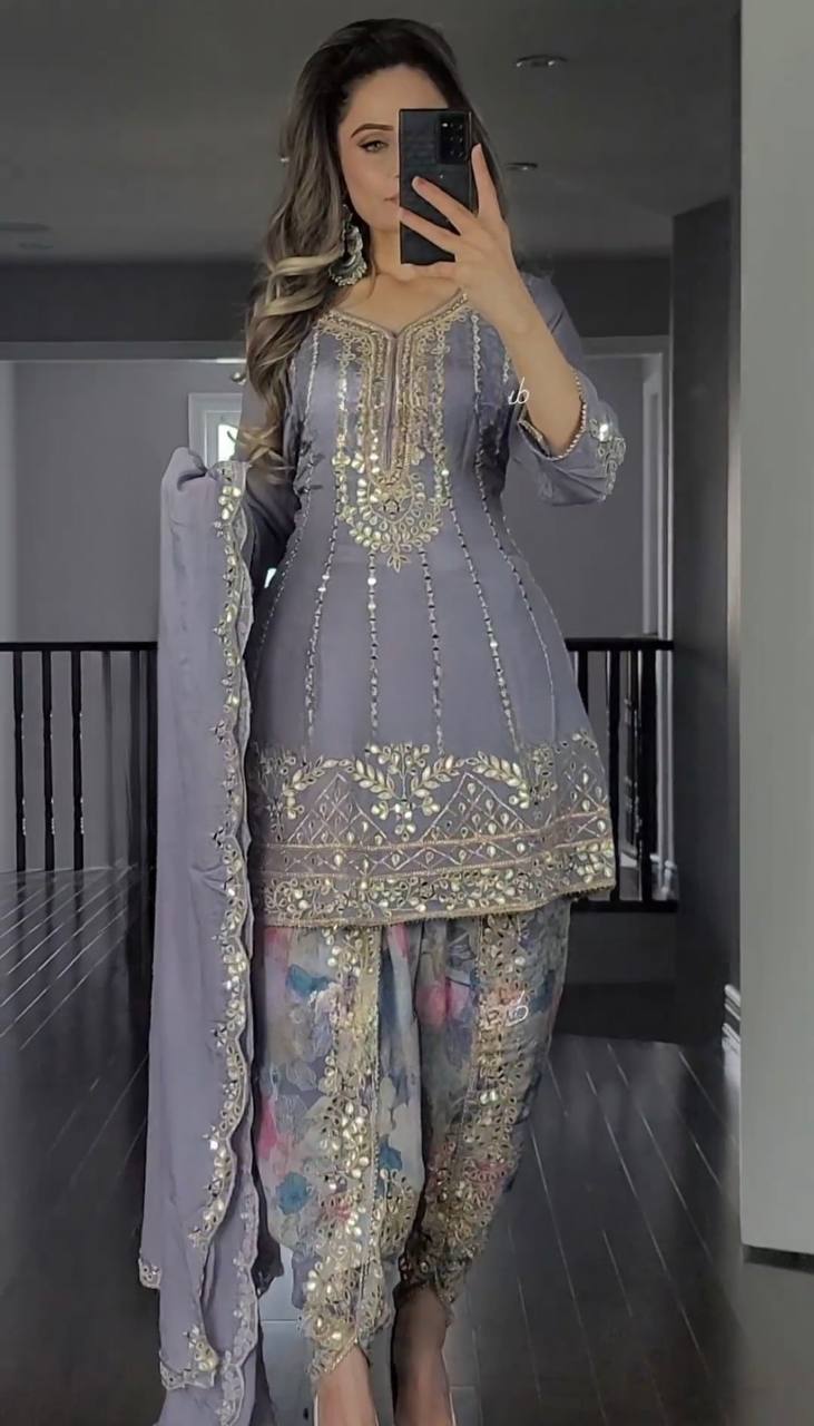 Designer Party Wear Top with Dhoti Salwar & Dupatta (NF-1138)