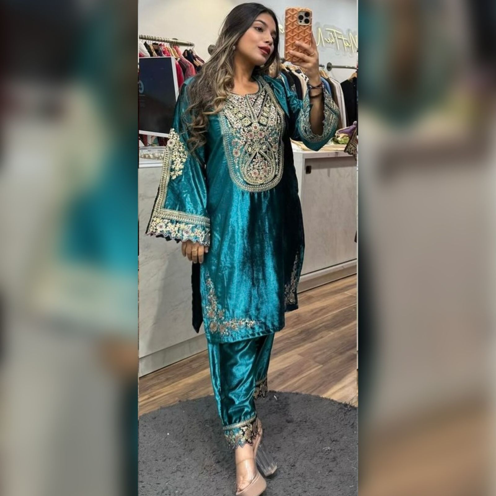 Designer Heavy Viscose Velvet Embroidered Top & Pant Set-(NF-1229)