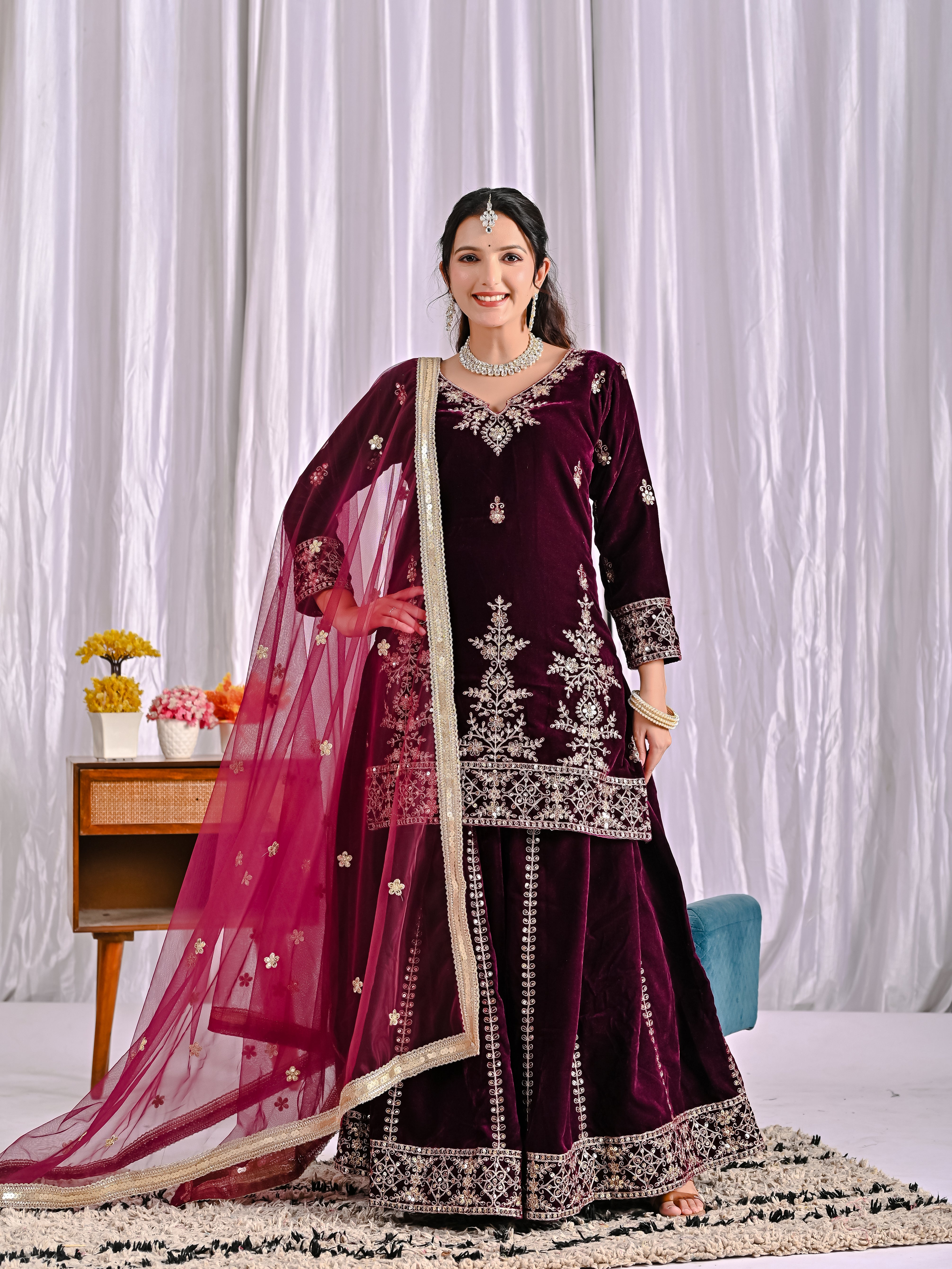 Royal Velvet Embroidered Party Wear Sharara Set (ND-5052)