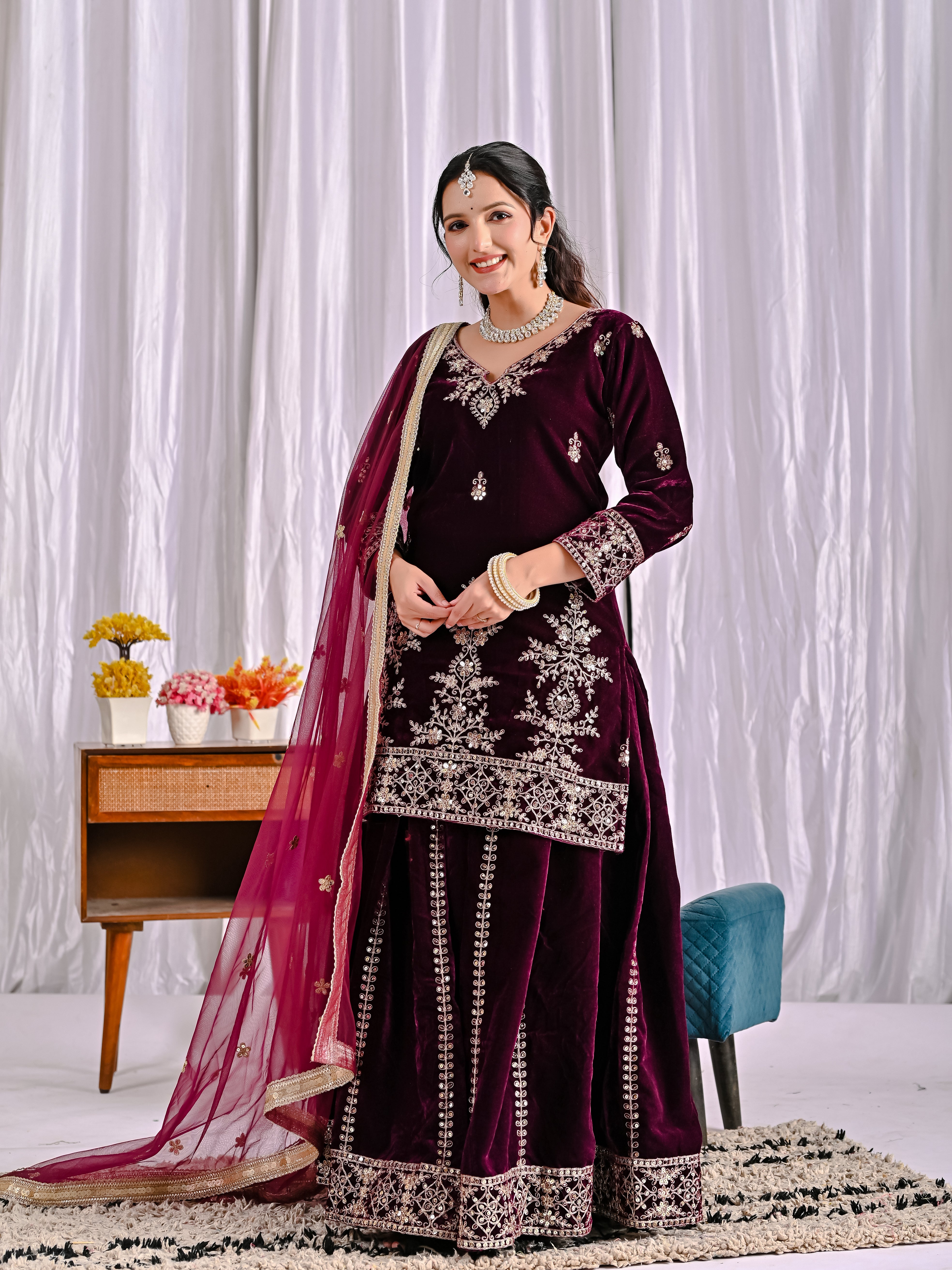 Royal Velvet Embroidered Party Wear Sharara Set (ND-5052)