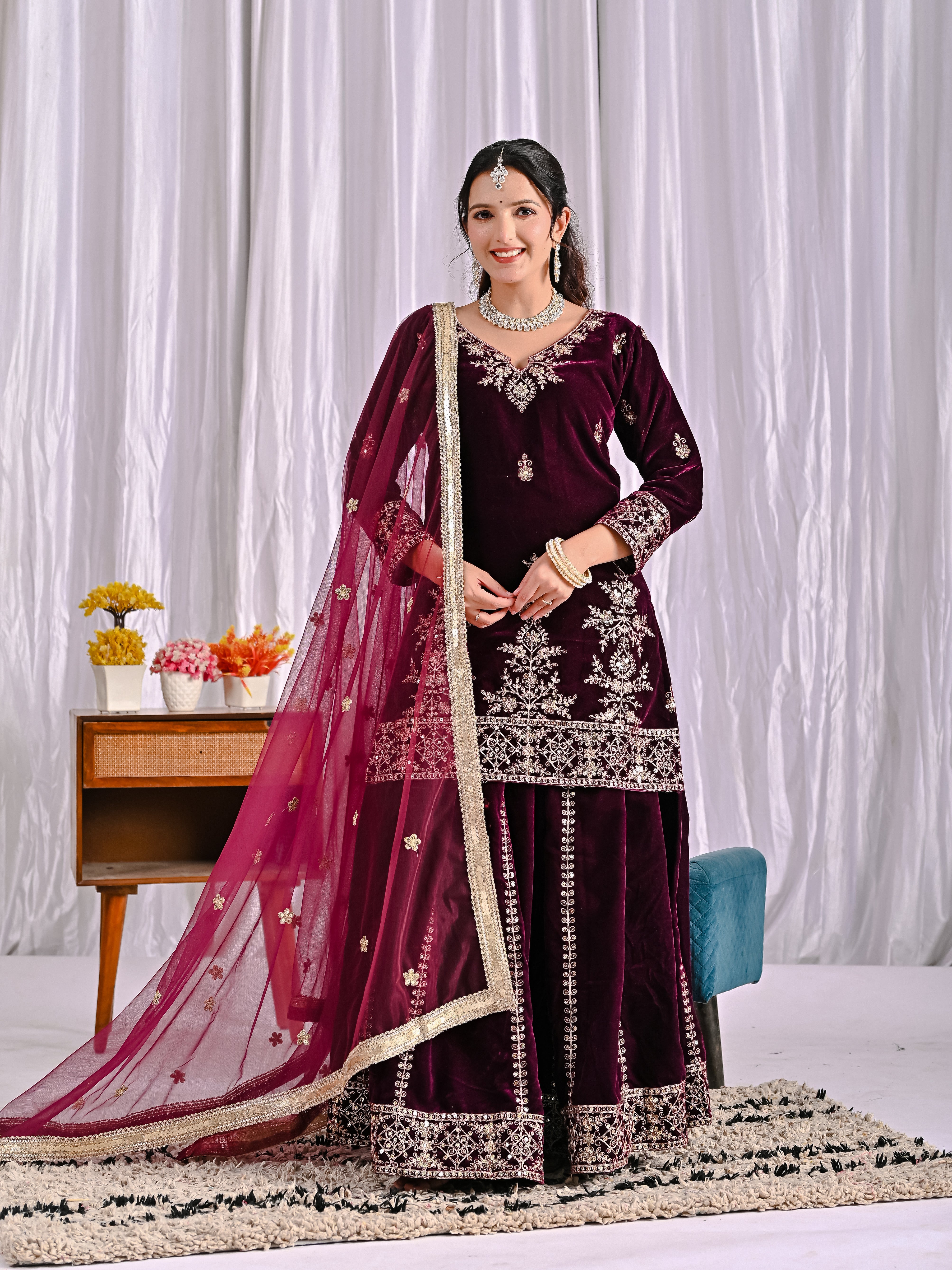 Royal Velvet Embroidered Party Wear Sharara Set (ND-5052)