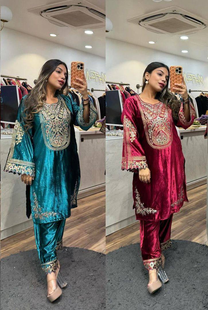 Designer Heavy Viscose Velvet Embroidered Top & Pant Set-(NF-1229)