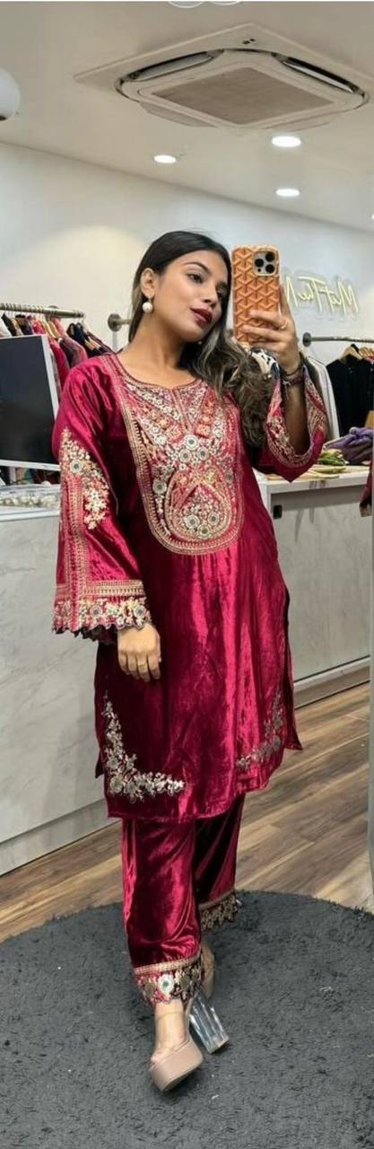 Designer Heavy Viscose Velvet Embroidered Top & Pant Set-(NF-1229)