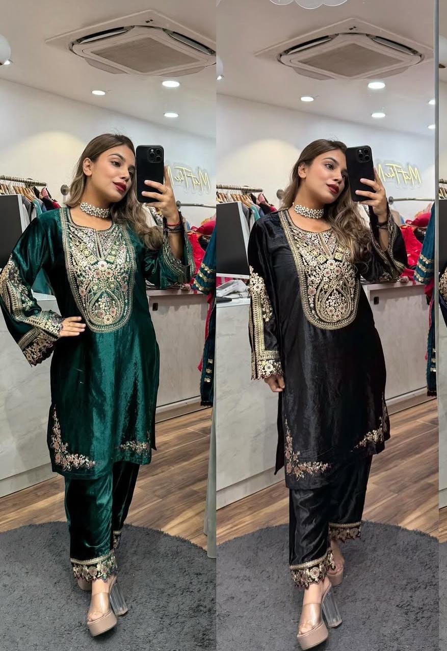 Designer Heavy Viscose Velvet Embroidered Top & Pant Set-(NF-1229)