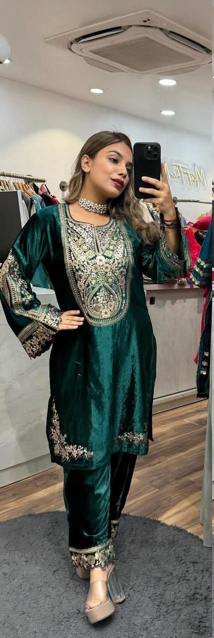 Designer Heavy Viscose Velvet Embroidered Top & Pant Set-(NF-1229)