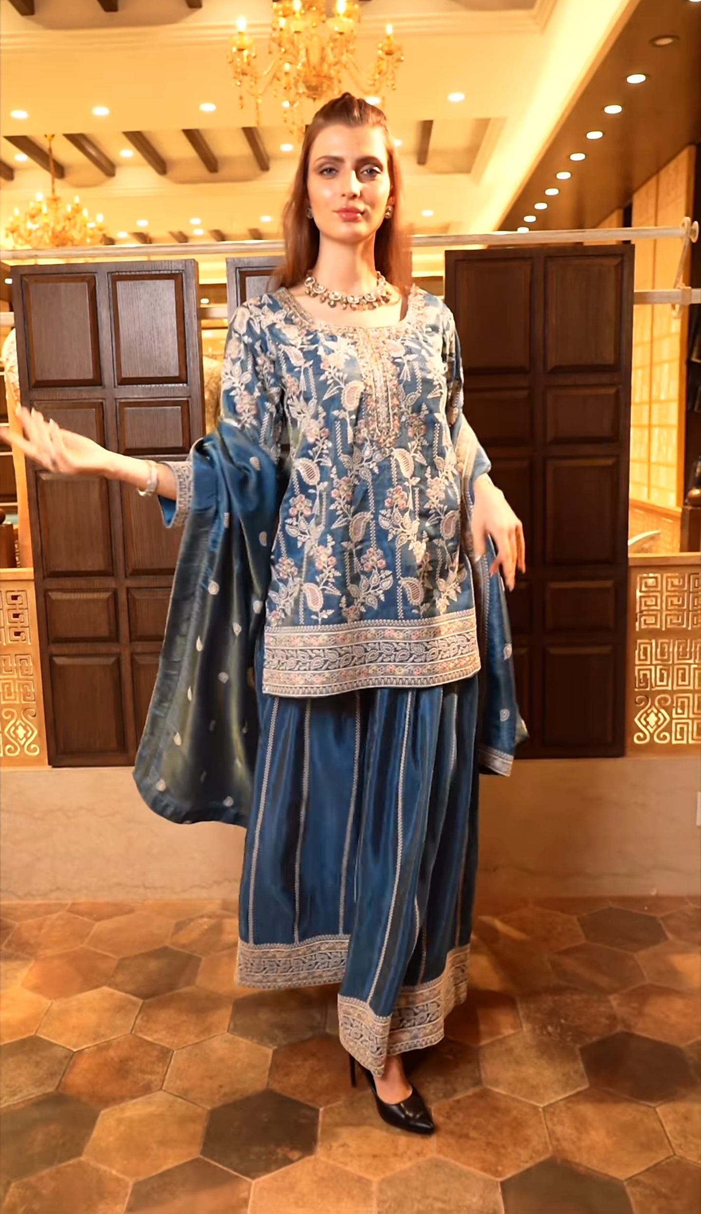 Designer Heavy Embroidered Chinnon Silk Top-Plazzo with Dupatta-( ND-1233 )