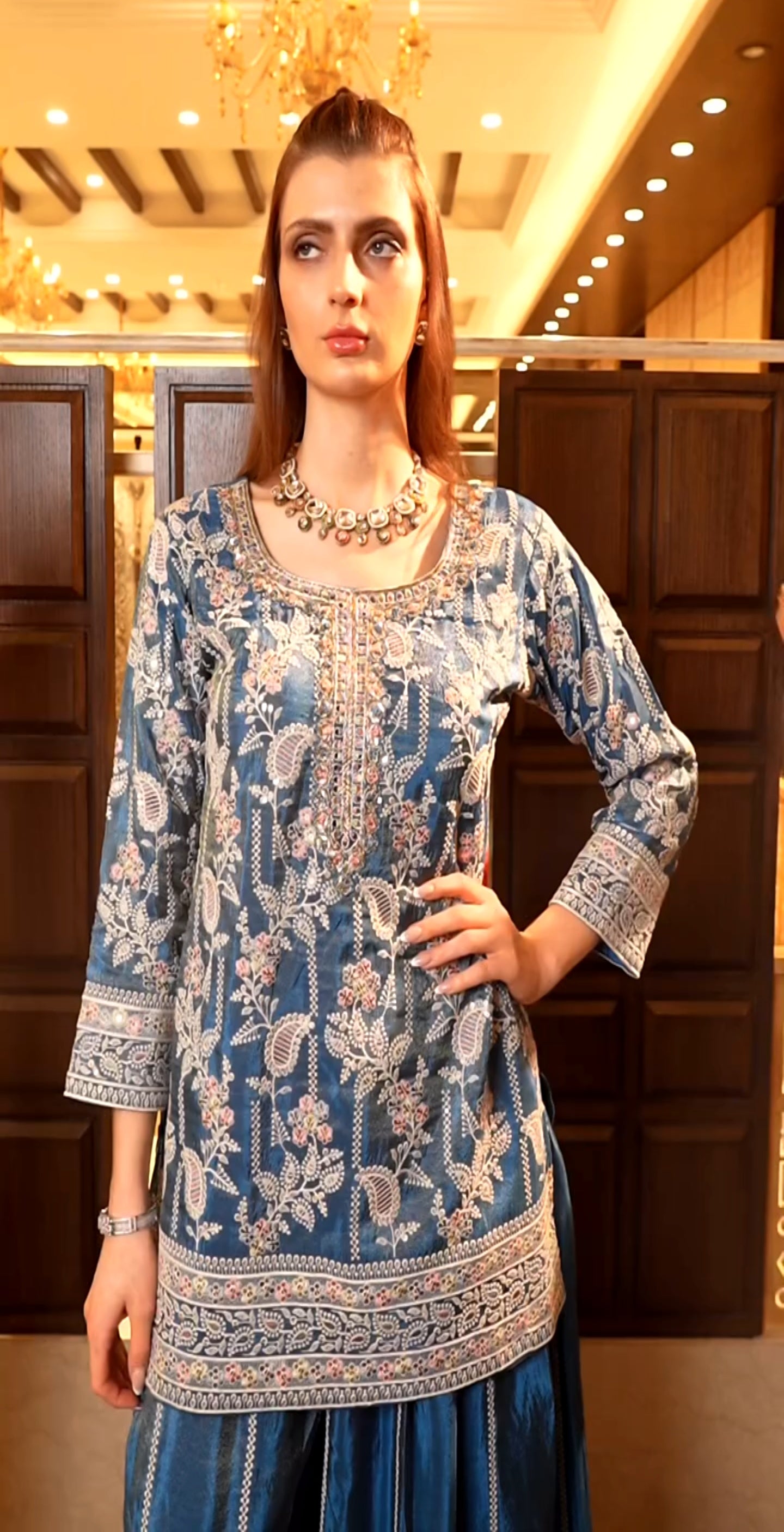 Designer Heavy Embroidered Chinnon Silk Top-Plazzo with Dupatta-( ND-1233 )