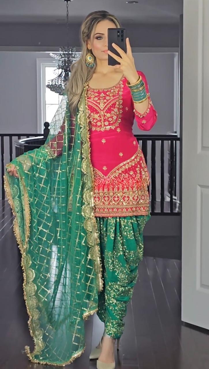 Designer Party Wear Top, Dhoti Salwar &amp; Dupatta