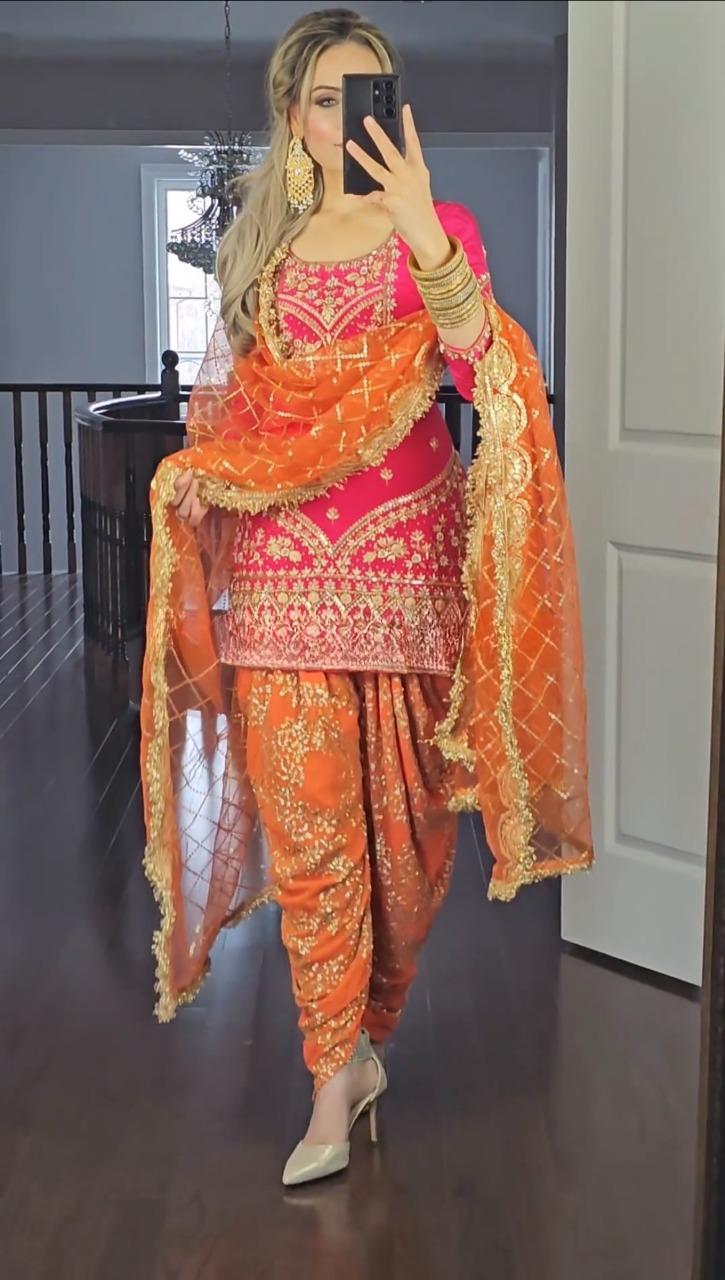 Designer Party Wear Top, Dhoti Salwar &amp; Dupatta