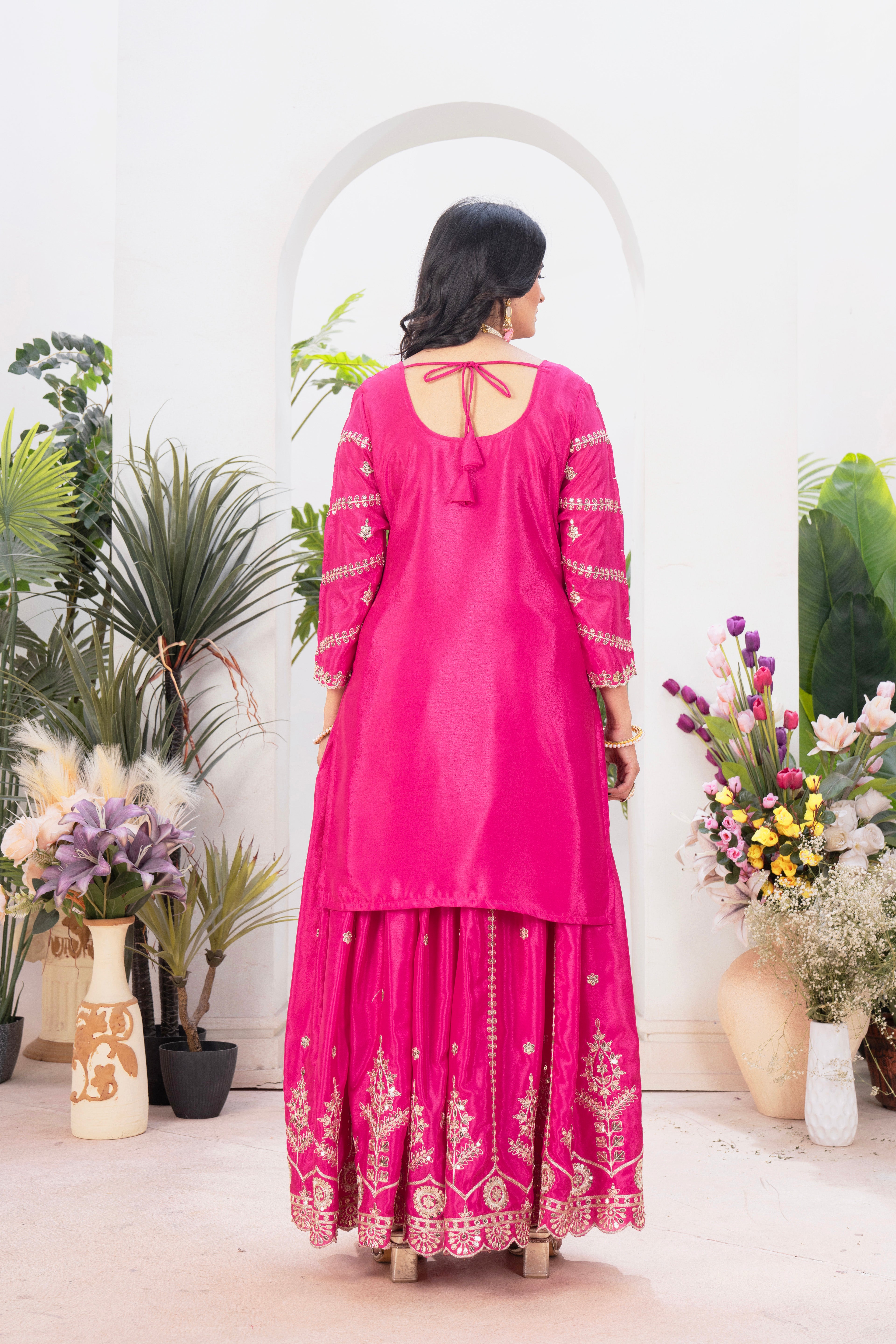 Elegant Heavy Embroidered Chinnon Silk Top–Plazzo–Dupatta Set-ND-5033