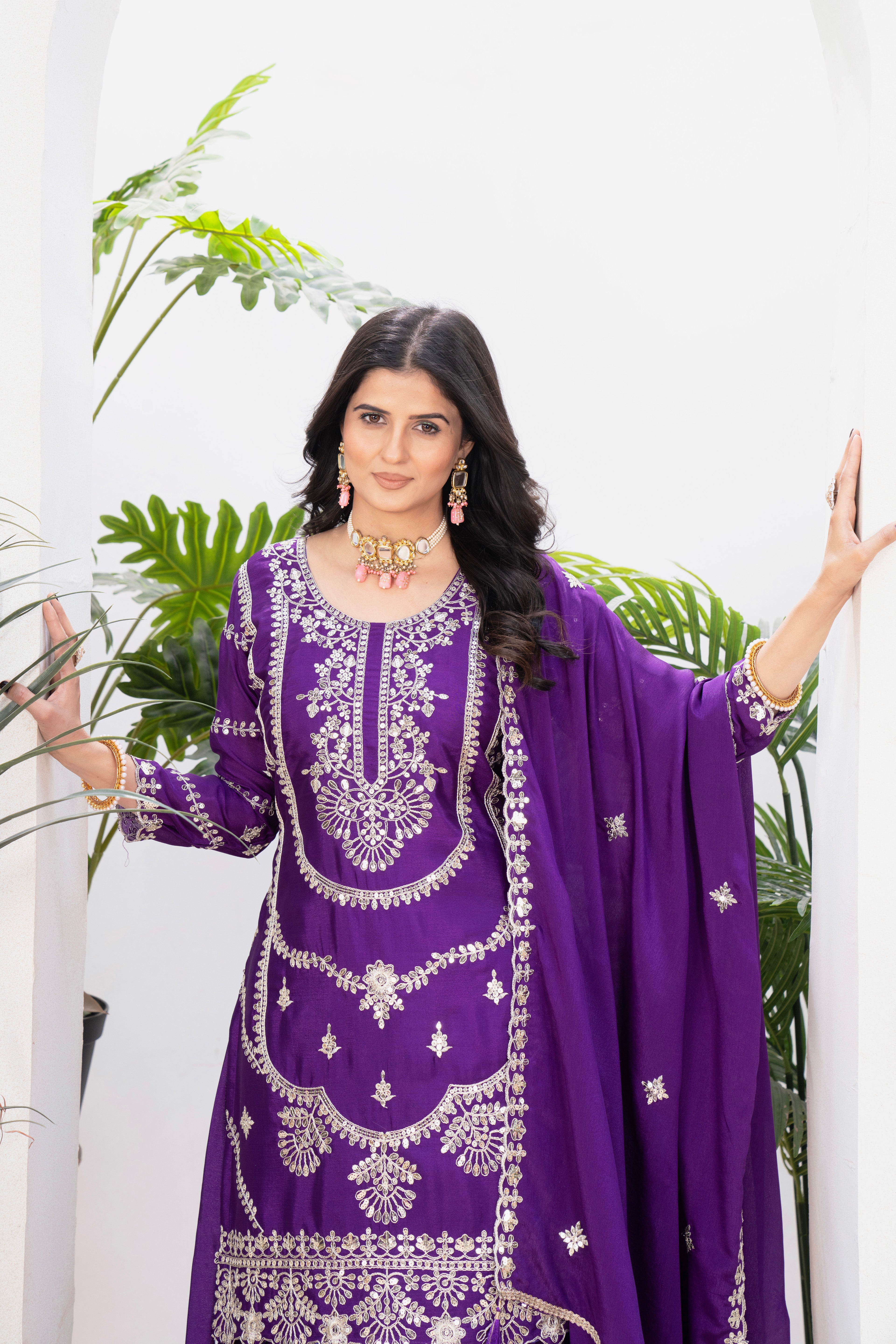 Elegant Heavy Embroidered Chinnon Silk Top–Plazzo–Dupatta Set-ND-5033