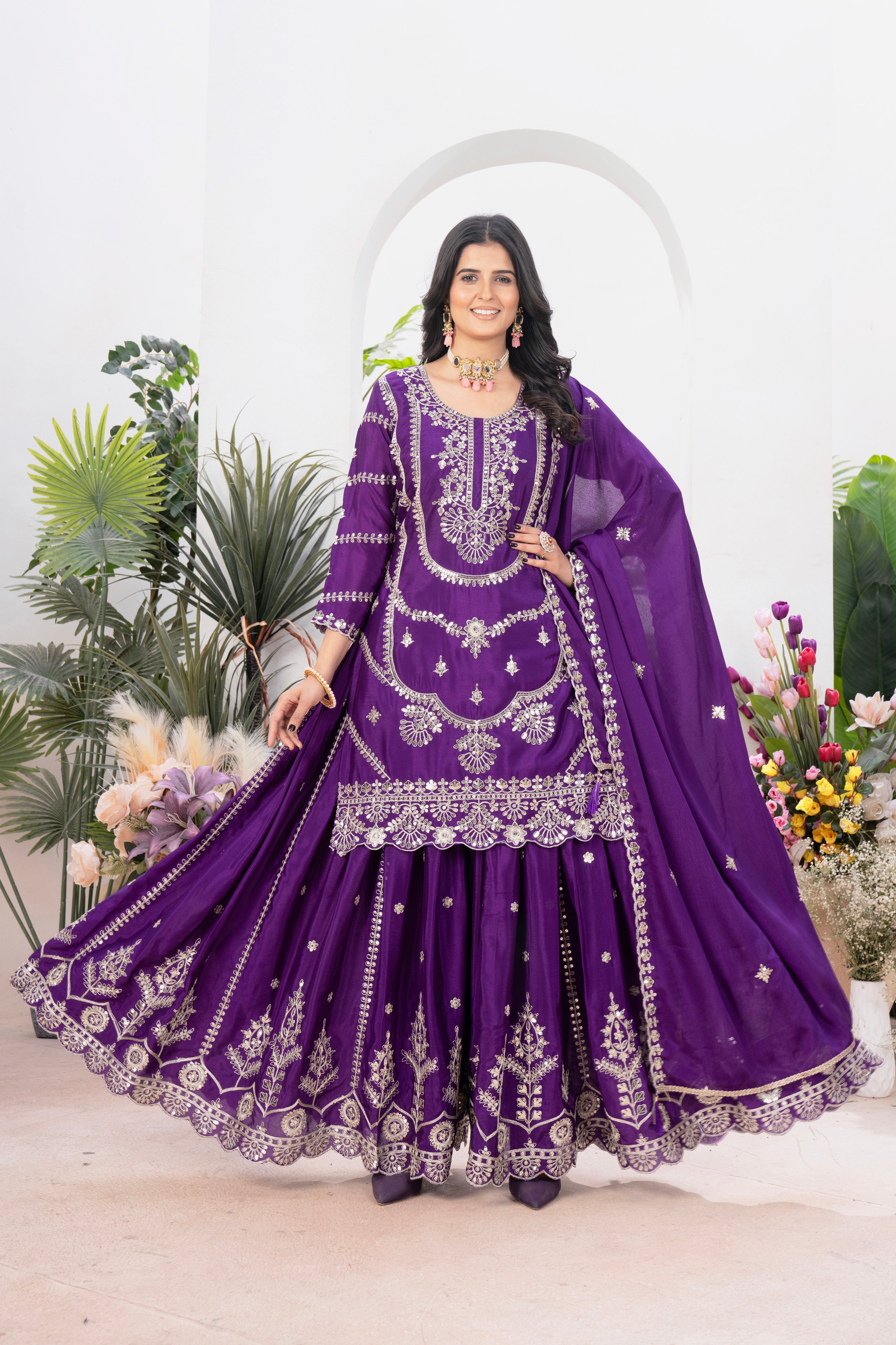 Elegant Heavy Embroidered Chinnon Silk Top–Plazzo–Dupatta Set-ND-5033