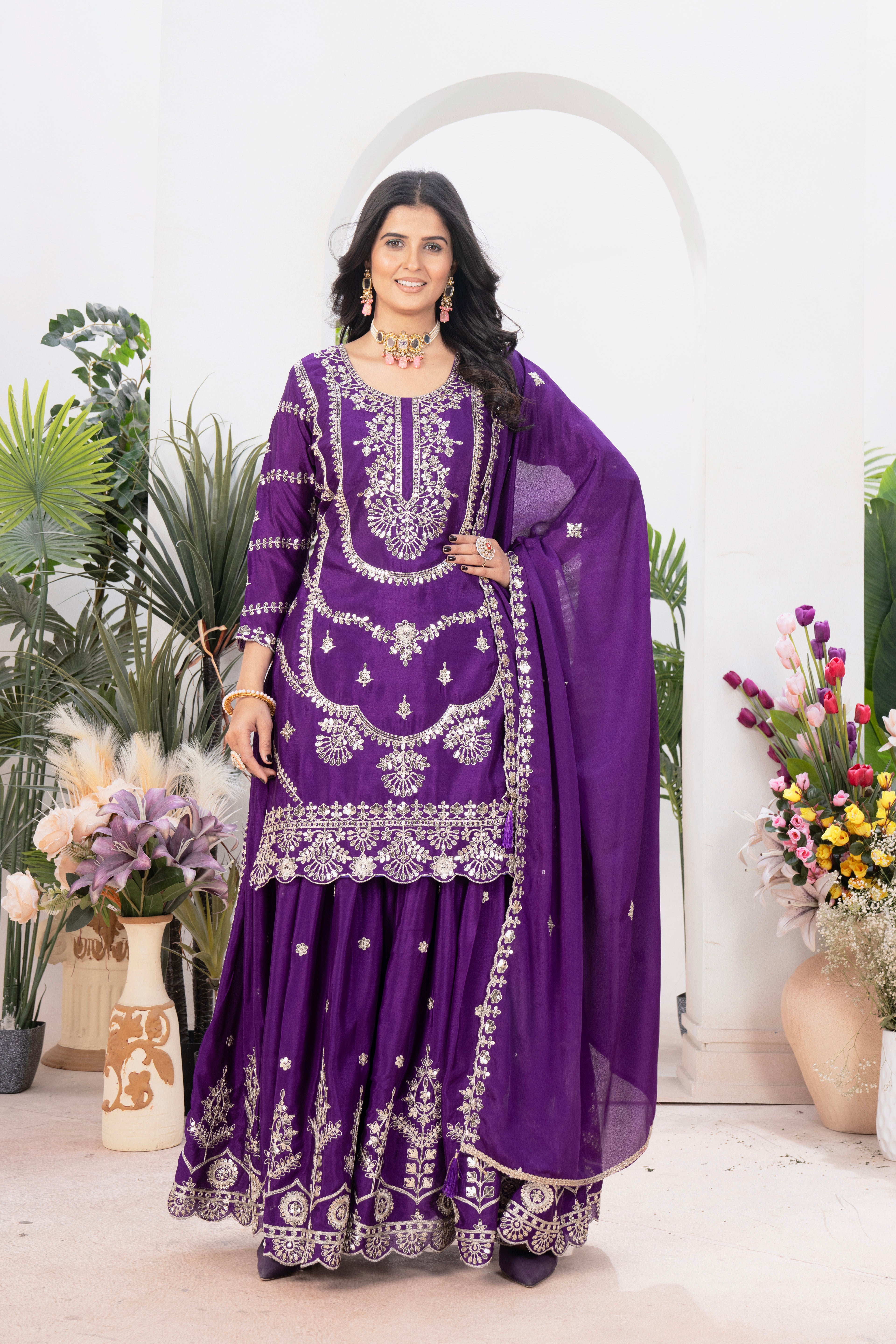 Elegant Heavy Embroidered Chinnon Silk Top–Plazzo–Dupatta Set-ND-5033