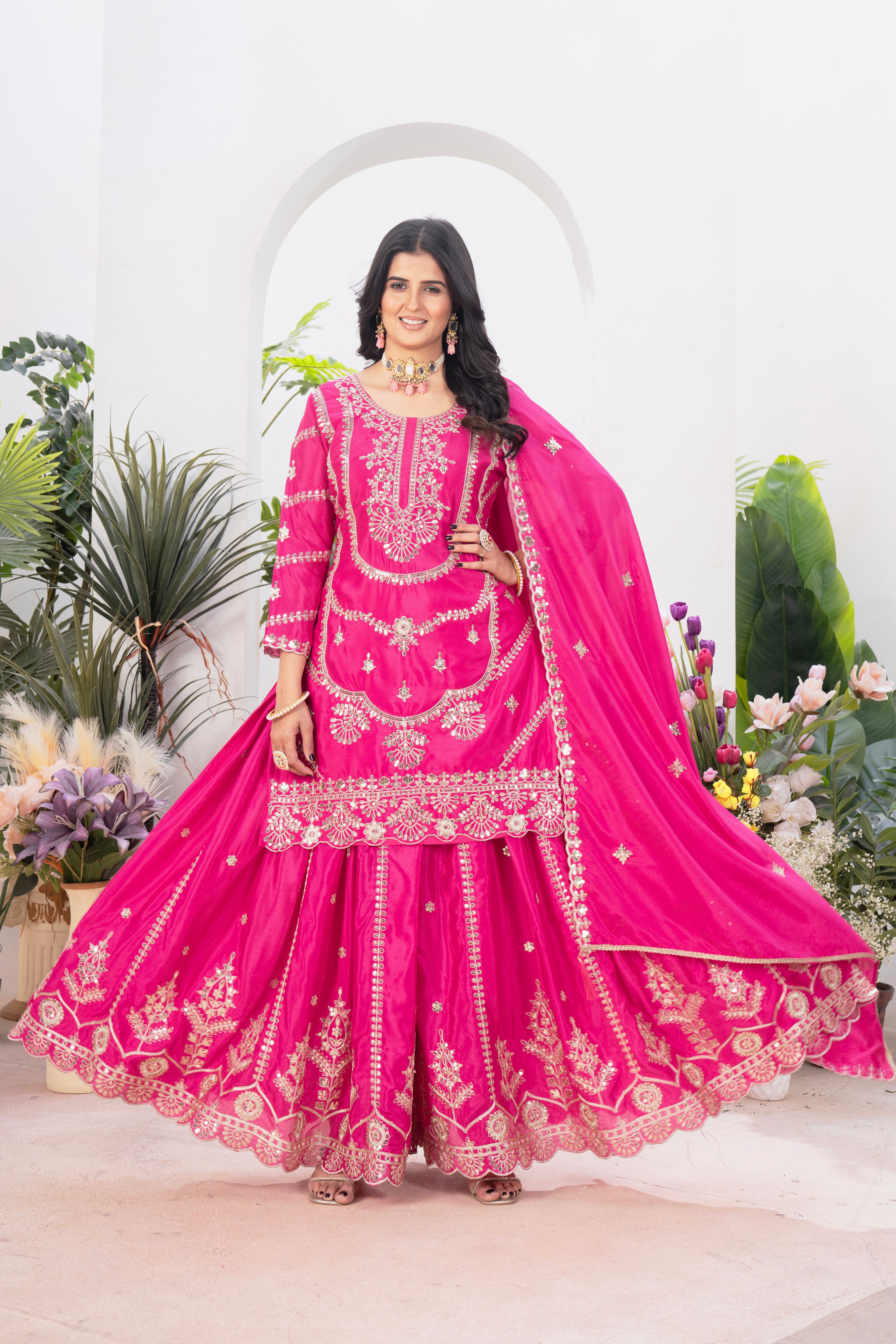 Elegant Heavy Embroidered Chinnon Silk Top–Plazzo–Dupatta Set-ND-5033