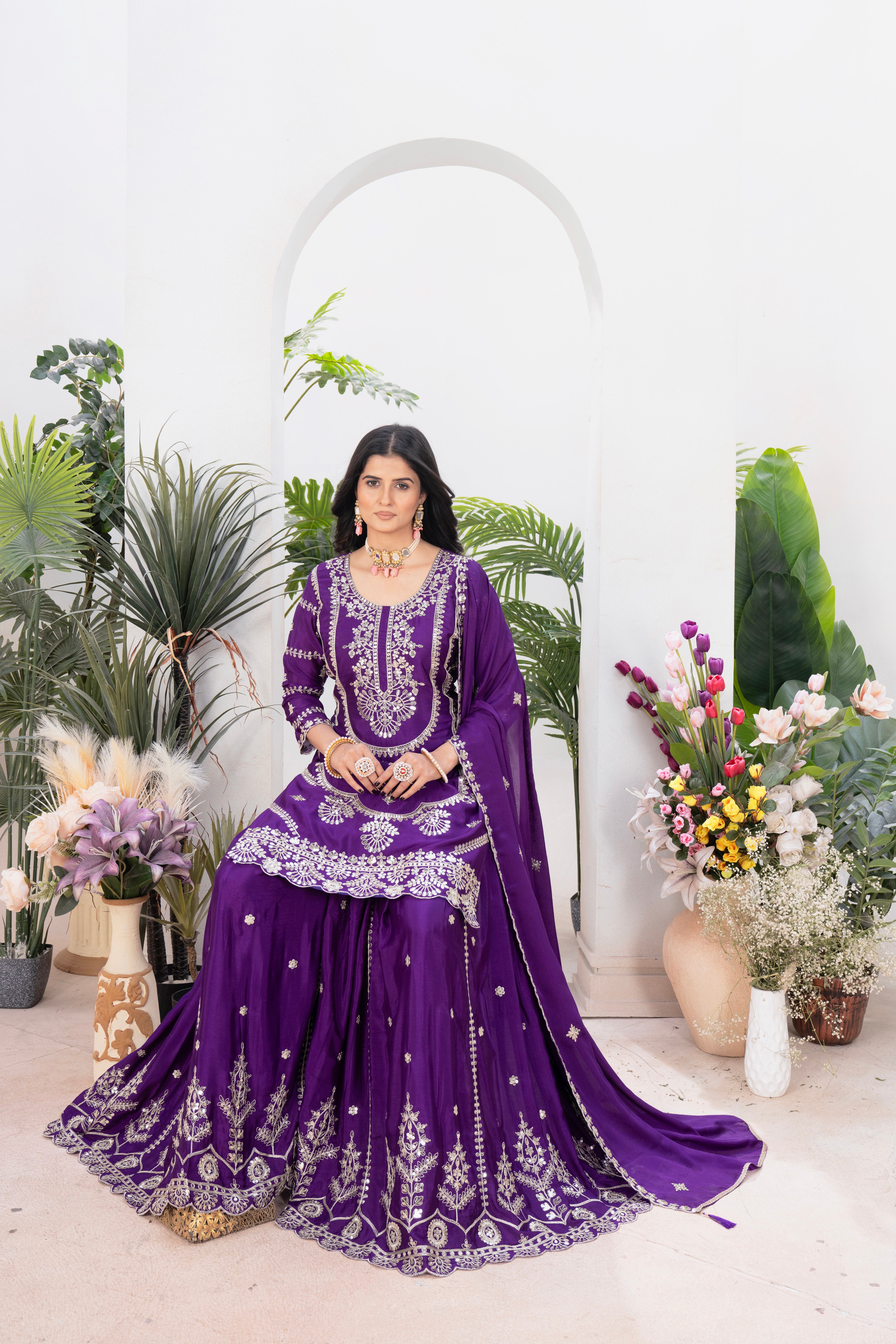 Elegant Heavy Embroidered Chinnon Silk Top–Plazzo–Dupatta Set-ND-5033