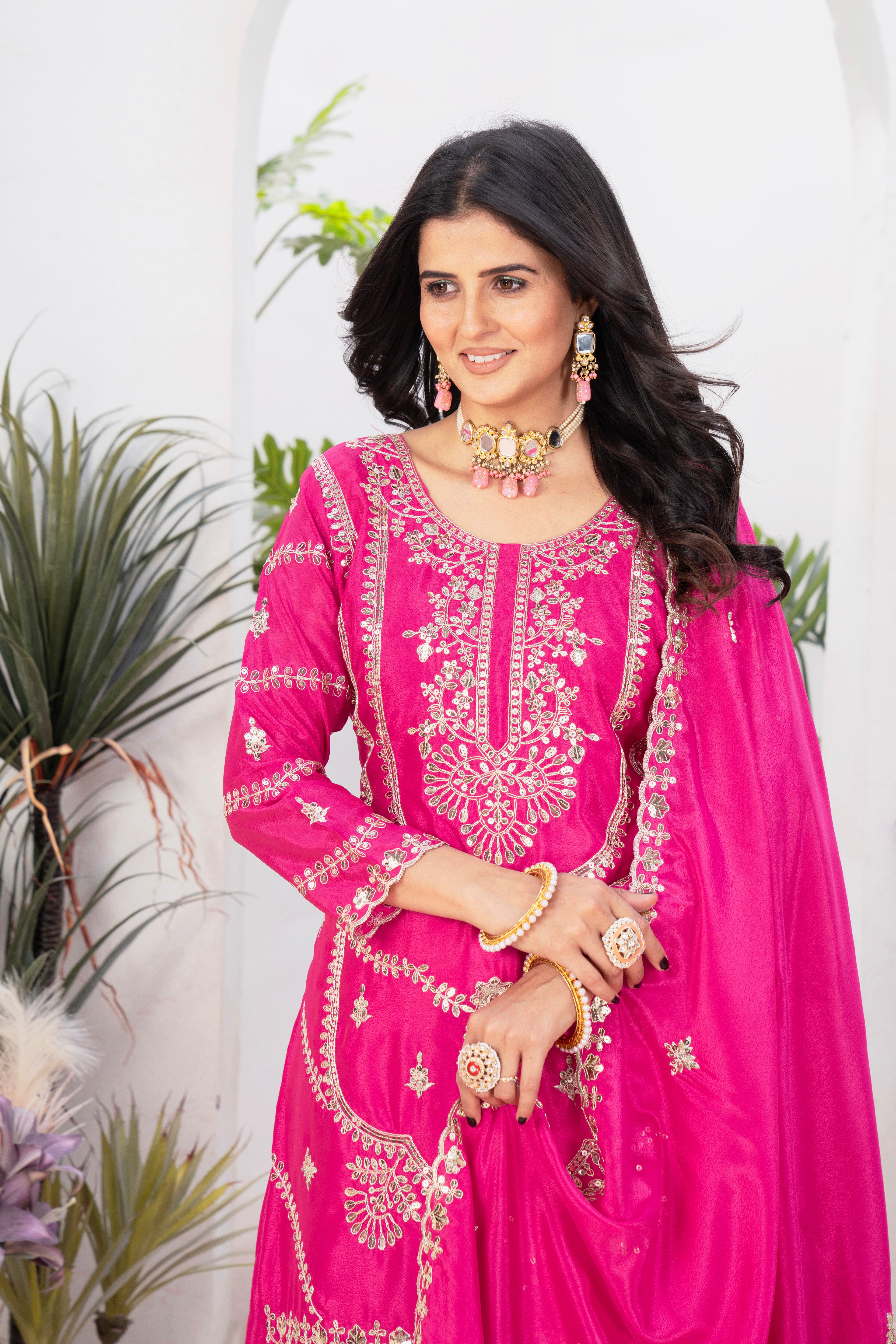 Elegant Heavy Embroidered Chinnon Silk Top–Plazzo–Dupatta Set-ND-5033