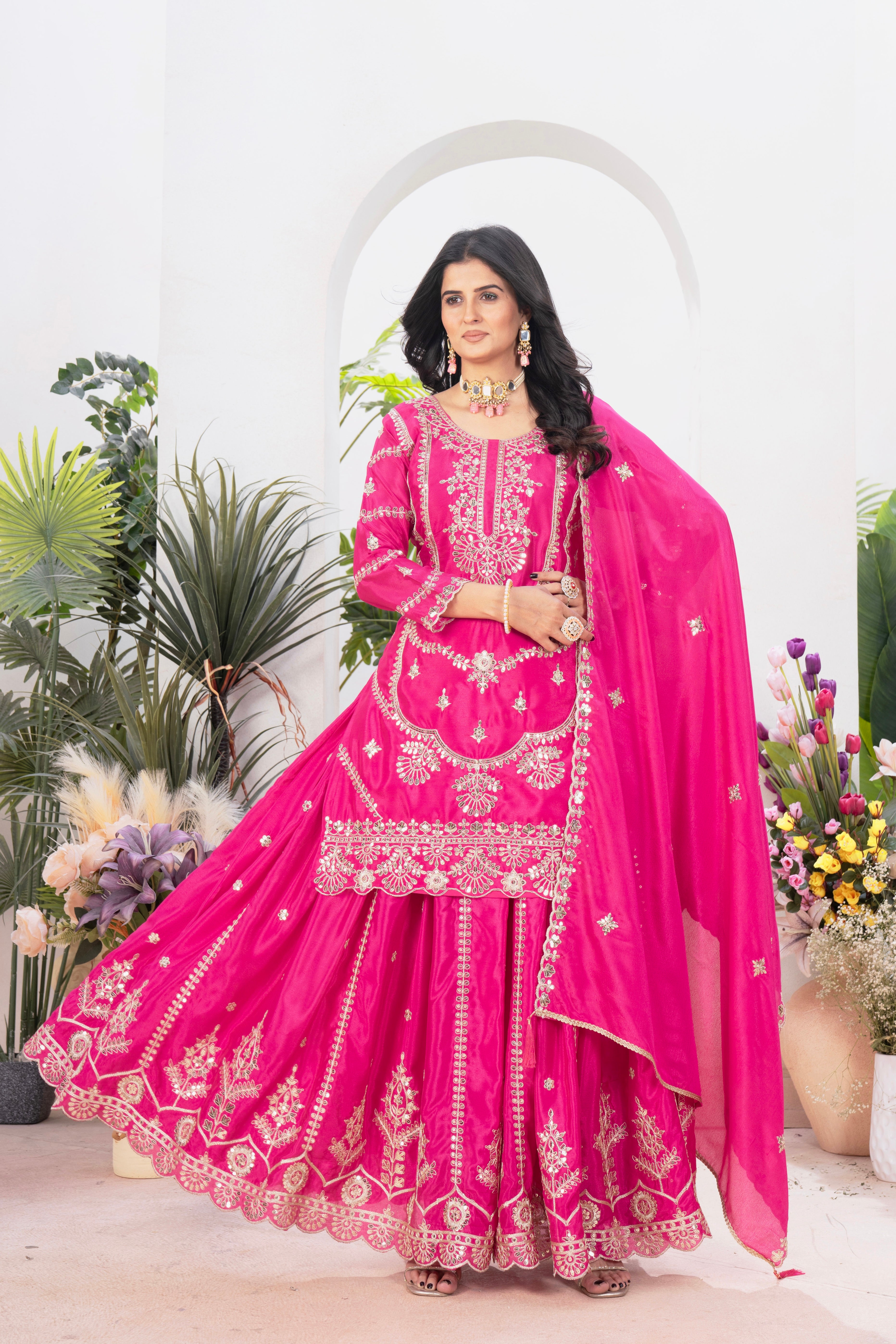 Elegant Heavy Embroidered Chinnon Silk Top–Plazzo–Dupatta Set-ND-5033