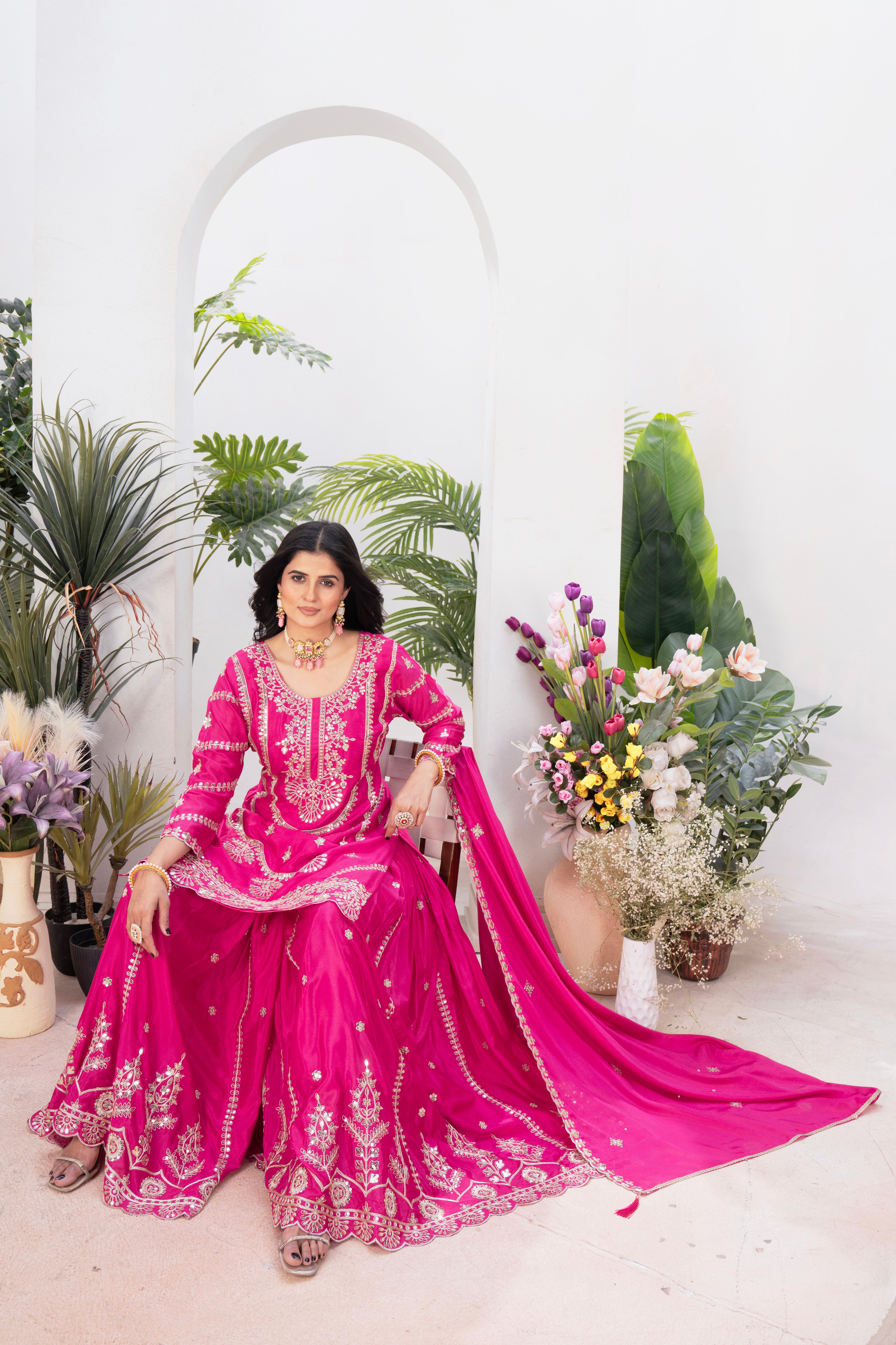 Elegant Heavy Embroidered Chinnon Silk Top–Plazzo–Dupatta Set-ND-5033
