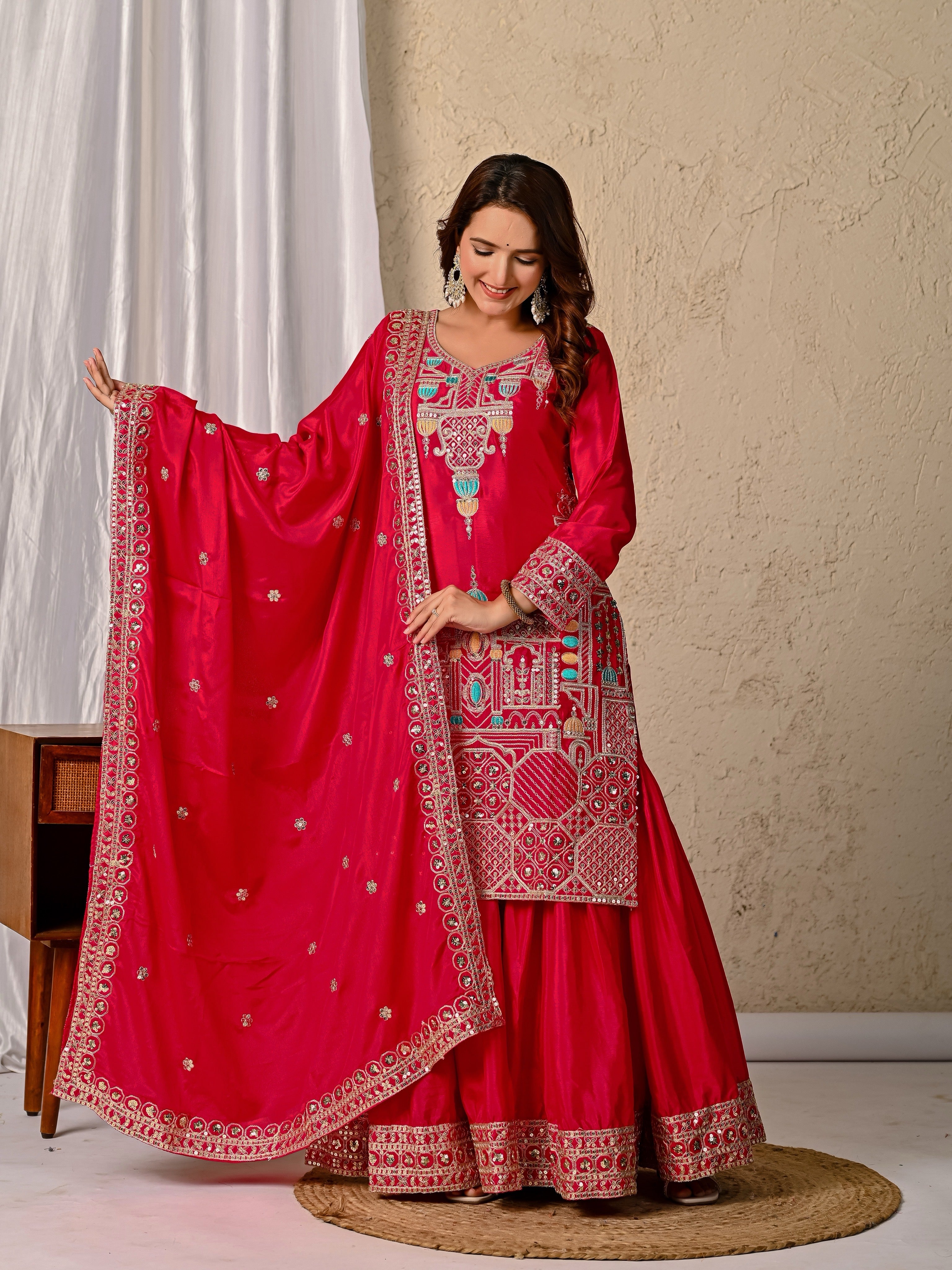 New Designer Chinnon Silk Party Wear Top, Sharara Palazzo & Dupatta Set-ND-5047