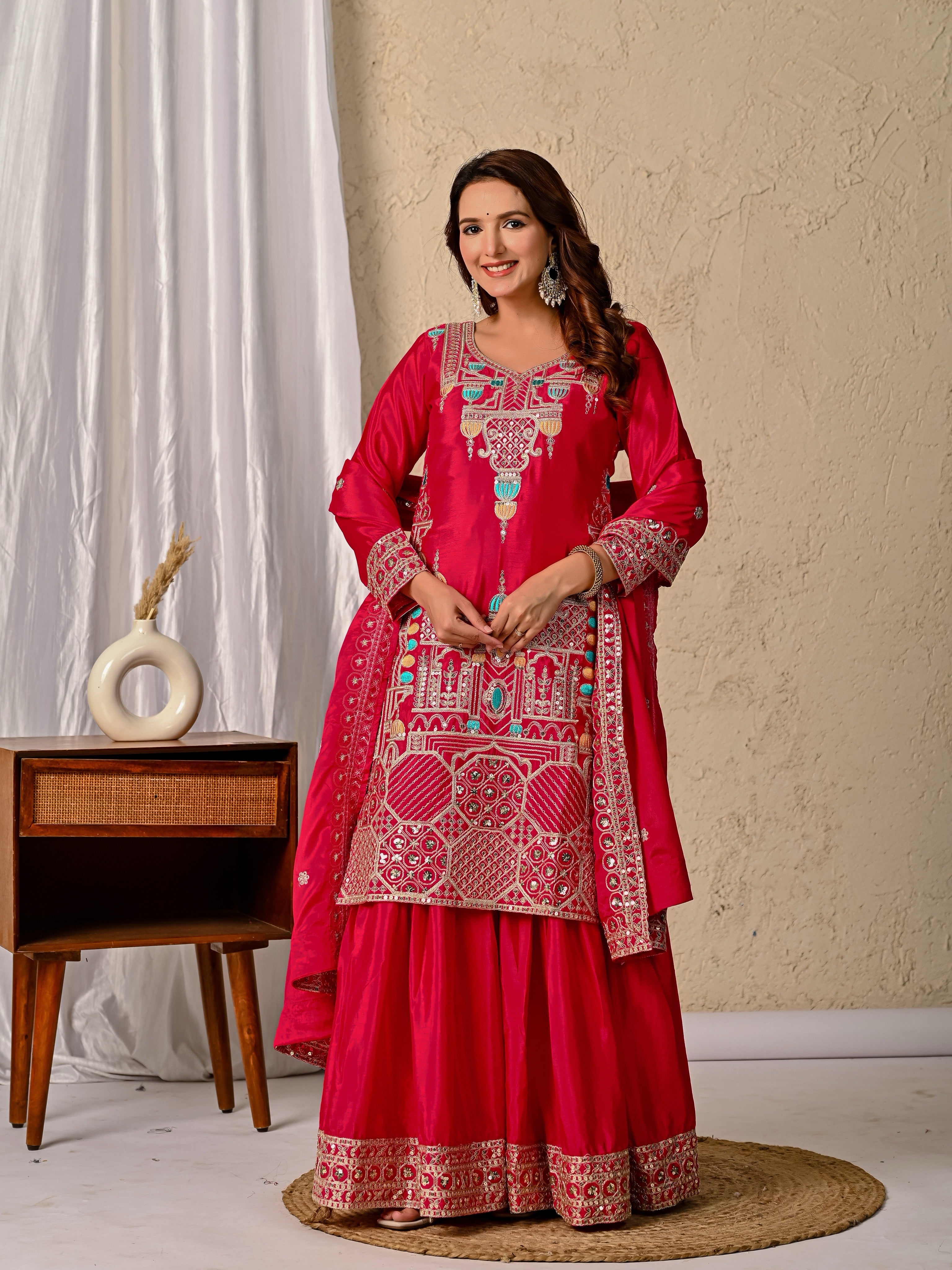 New Designer Chinnon Silk Party Wear Top, Sharara Palazzo & Dupatta Set-ND-5047