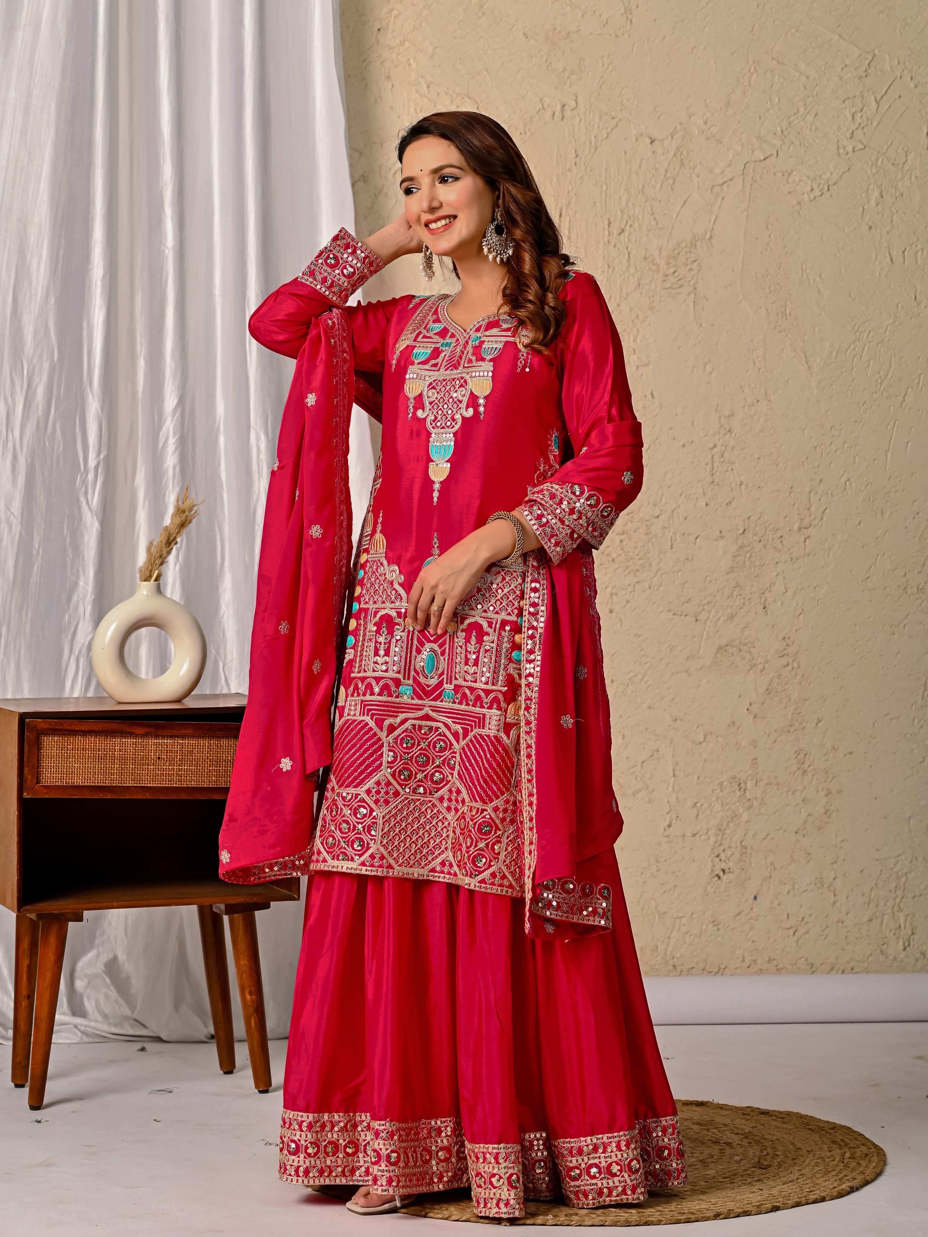 New Designer Chinnon Silk Party Wear Top, Sharara Palazzo & Dupatta Set-ND-5047