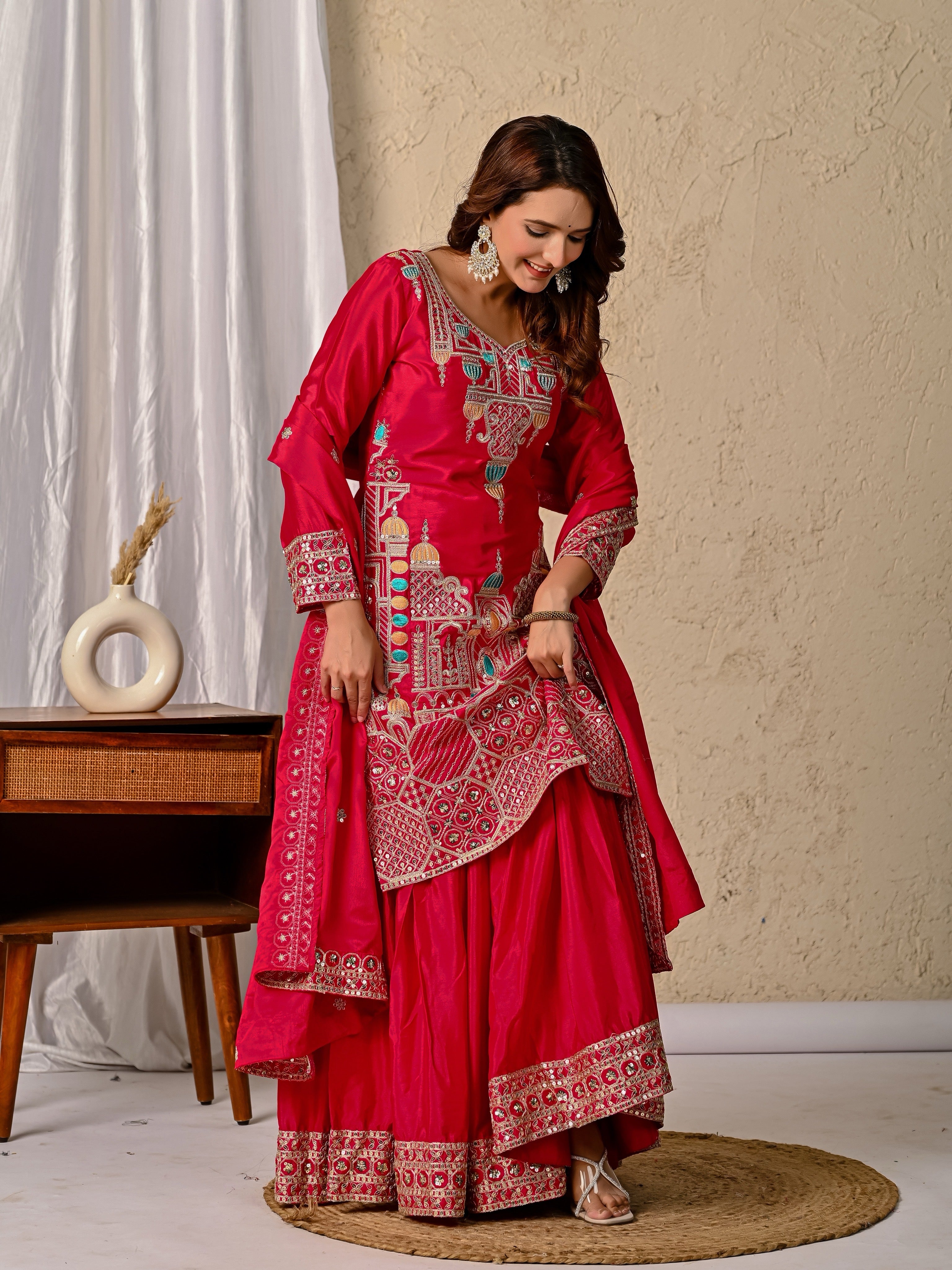 New Designer Chinnon Silk Party Wear Top, Sharara Palazzo & Dupatta Set-ND-5047