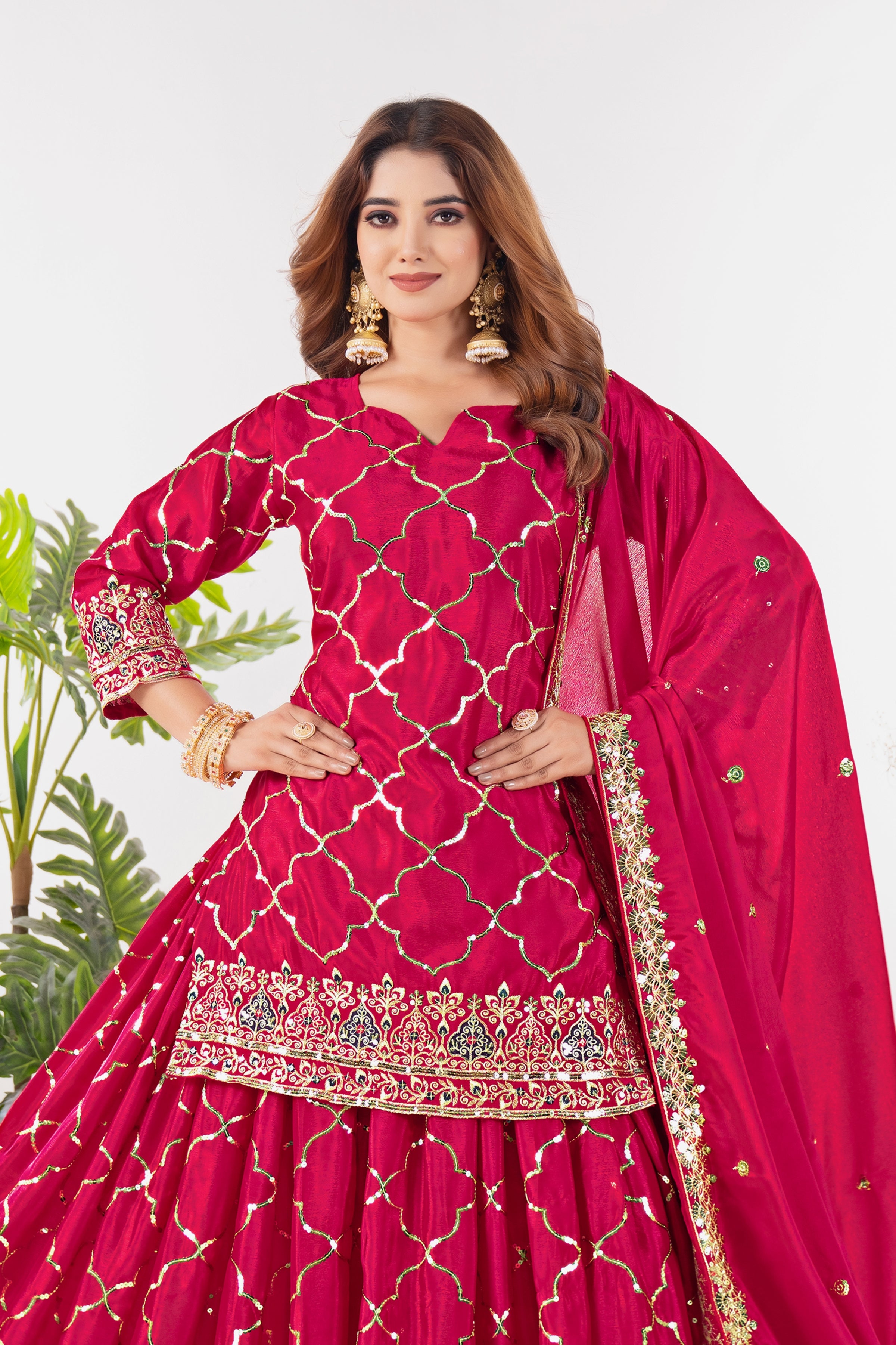Heavy Chinon Silk Embroidered Party Wear Top & Sharara Palazzo-ND-5017