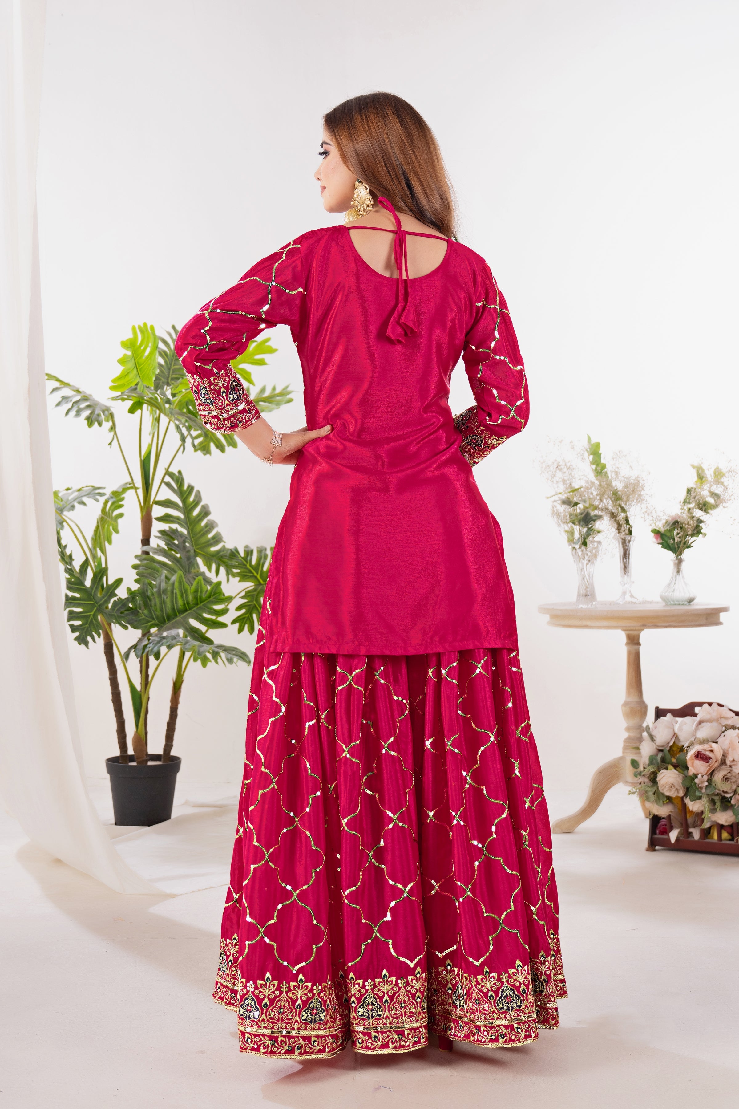 Heavy Chinon Silk Embroidered Party Wear Top & Sharara Palazzo-ND-5017
