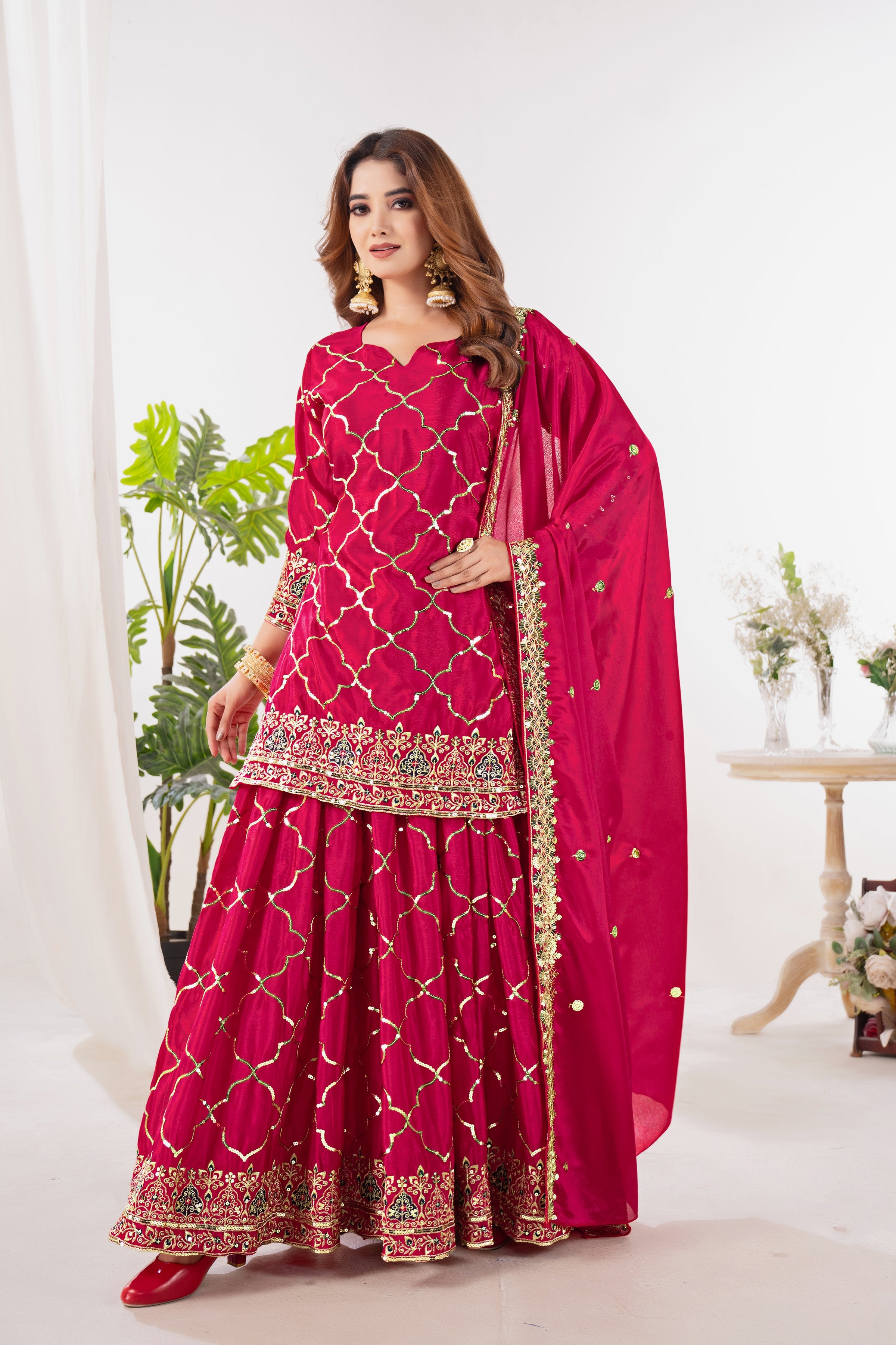Heavy Chinon Silk Embroidered Party Wear Top & Sharara Palazzo-ND-5017