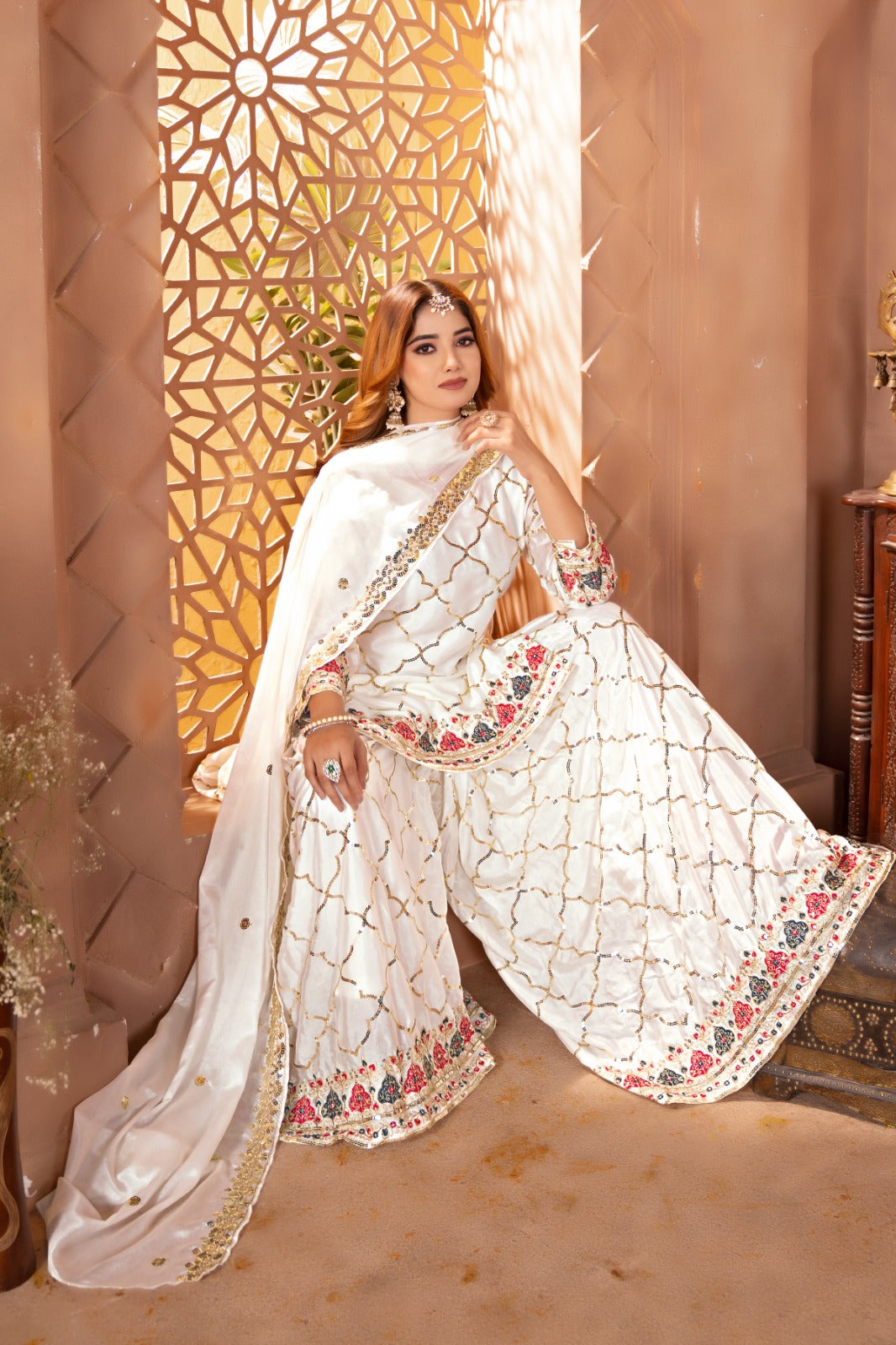 Heavy Chinon Silk Embroidered Party Wear Top & Sharara Palazzo-ND-5017