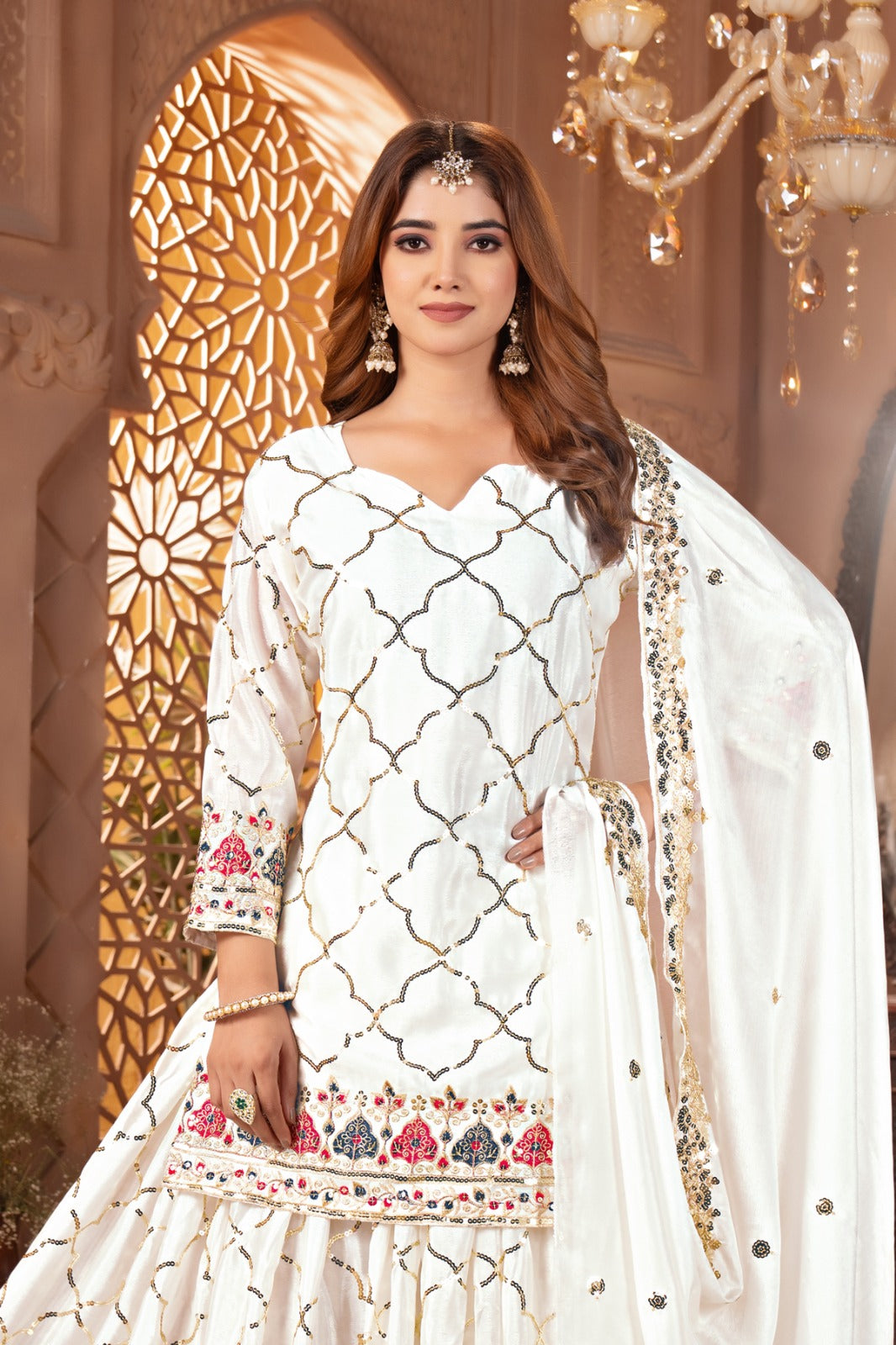 Heavy Chinon Silk Embroidered Party Wear Top & Sharara Palazzo-ND-5017