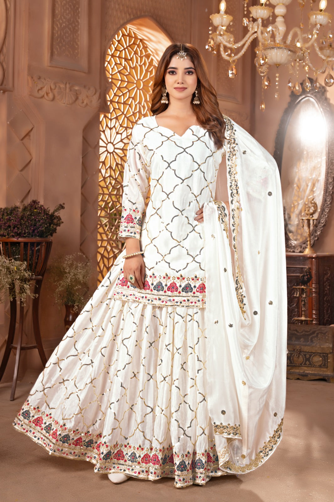 Heavy Chinon Silk Embroidered Party Wear Top & Sharara Palazzo-ND-5017