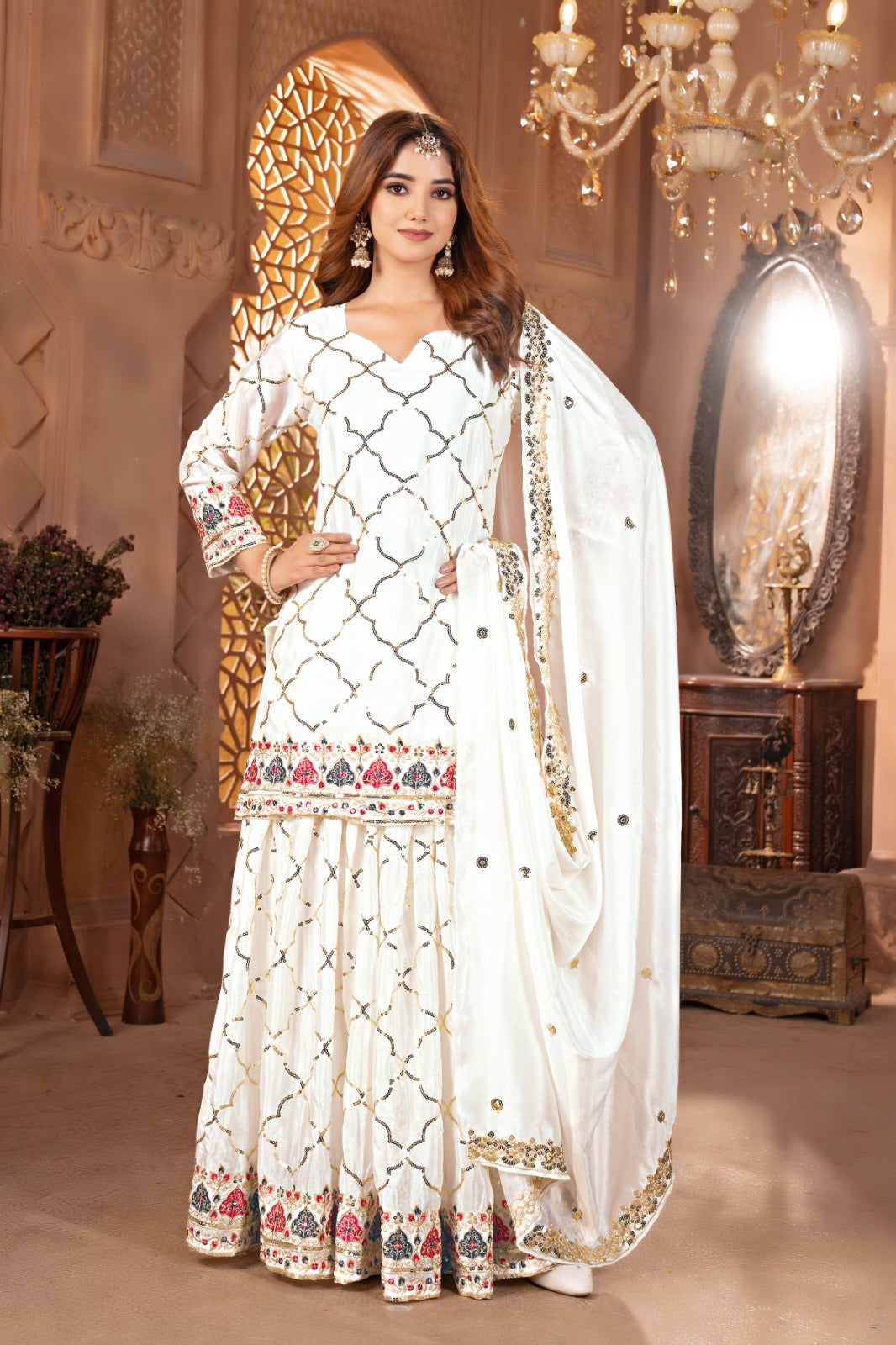Heavy Chinon Silk Embroidered Party Wear Top & Sharara Palazzo-ND-5017