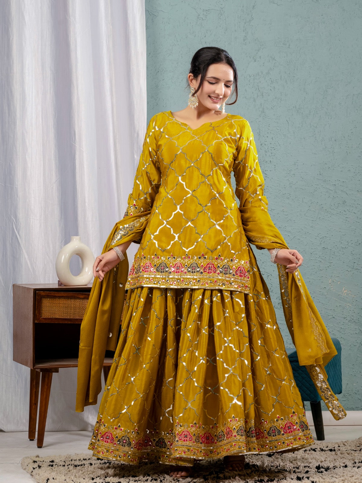 Heavy Chinon Silk Embroidered Party Wear Top & Sharara Palazzo-ND-5017