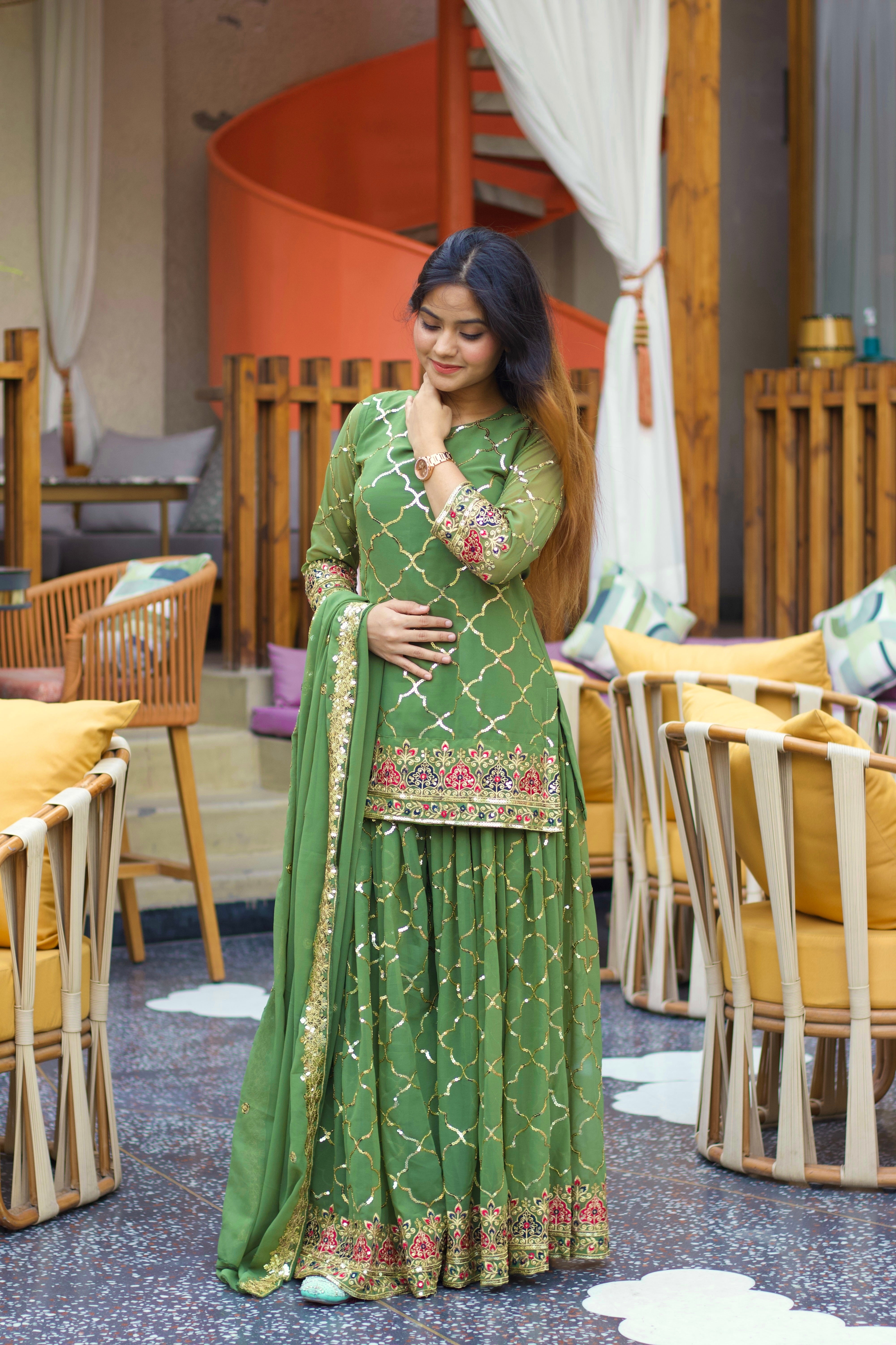 Heavy Chinon Silk Embroidered Party Wear Top & Sharara Palazzo-ND-5017