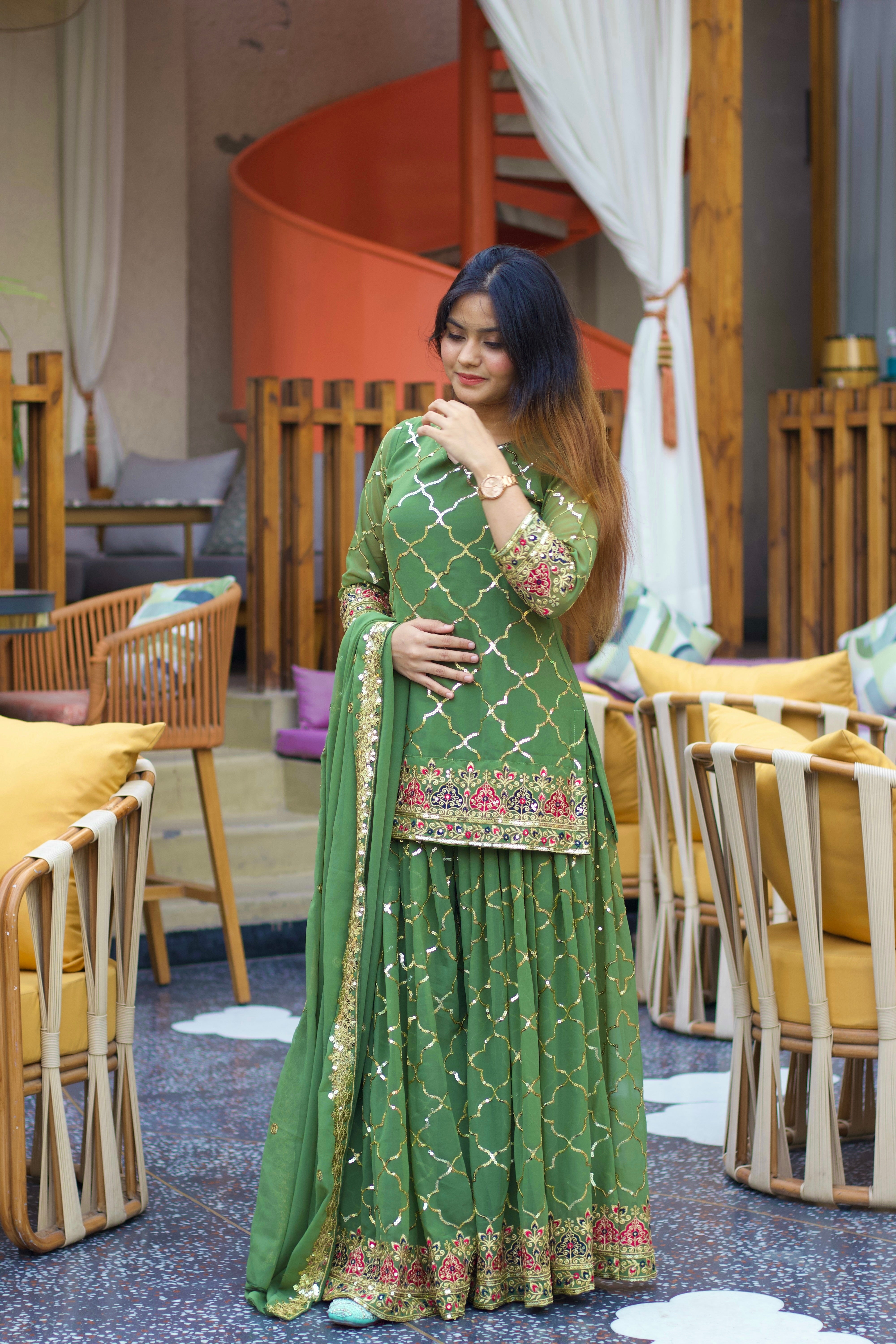 Heavy Chinon Silk Embroidered Party Wear Top & Sharara Palazzo-ND-5017