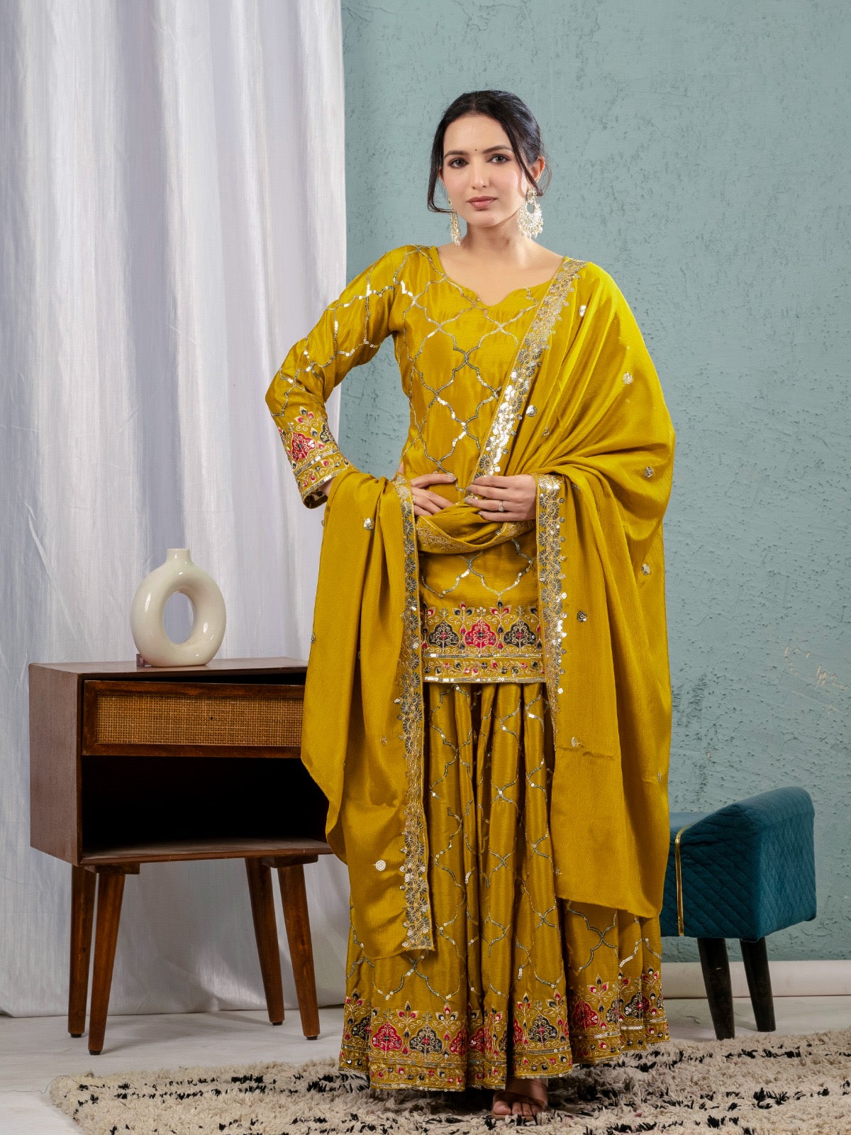 Heavy Chinon Silk Embroidered Party Wear Top & Sharara Palazzo-ND-5017