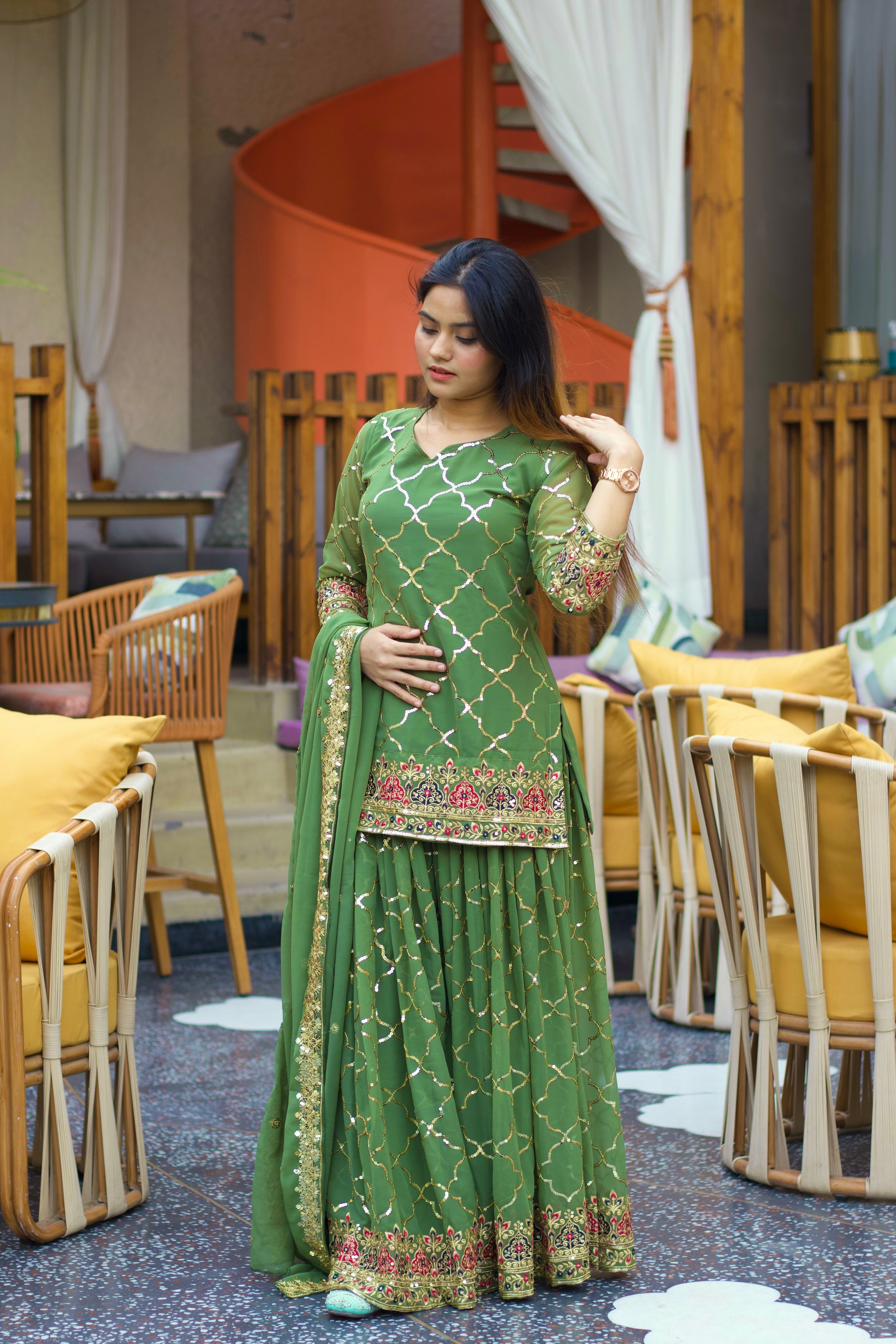 Heavy Chinon Silk Embroidered Party Wear Top & Sharara Palazzo-ND-5017