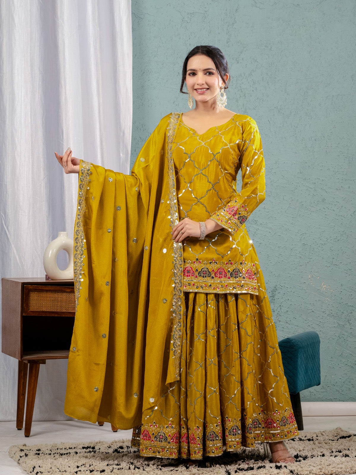Heavy Chinon Silk Embroidered Party Wear Top & Sharara Palazzo-ND-5017