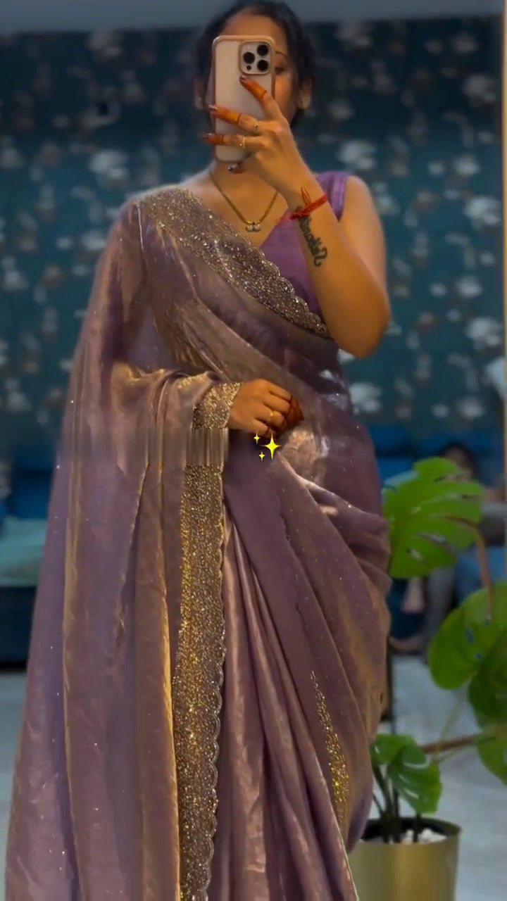 Luxurious Moss Fabric Saree with Swarovski Handwork