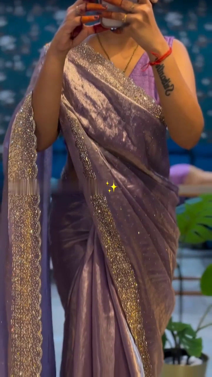 Luxurious Moss Fabric Saree with Swarovski Handwork
